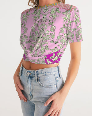Open image in slideshow, MIRACULOUS FLOWERS -PINK || Women&#39;s Twist-Front Cropped Tee

