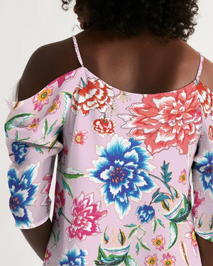 Open image in slideshow, Women&#39;s Open Shoulder A-Line Dress || AMORE Purple Blooms
