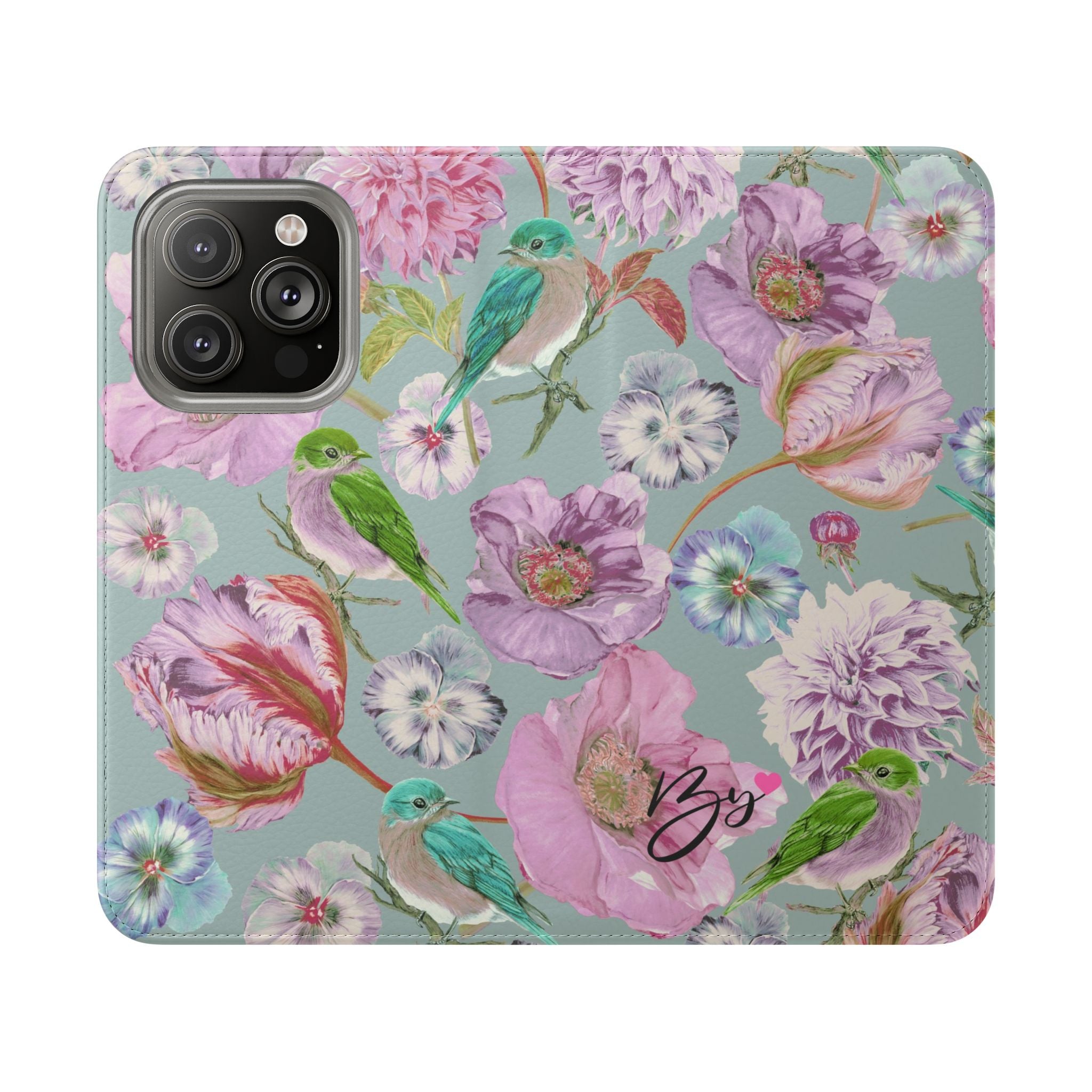 Floral Bird Flip Phone Case — Pastel Garden Wallet Cover with Card Slots