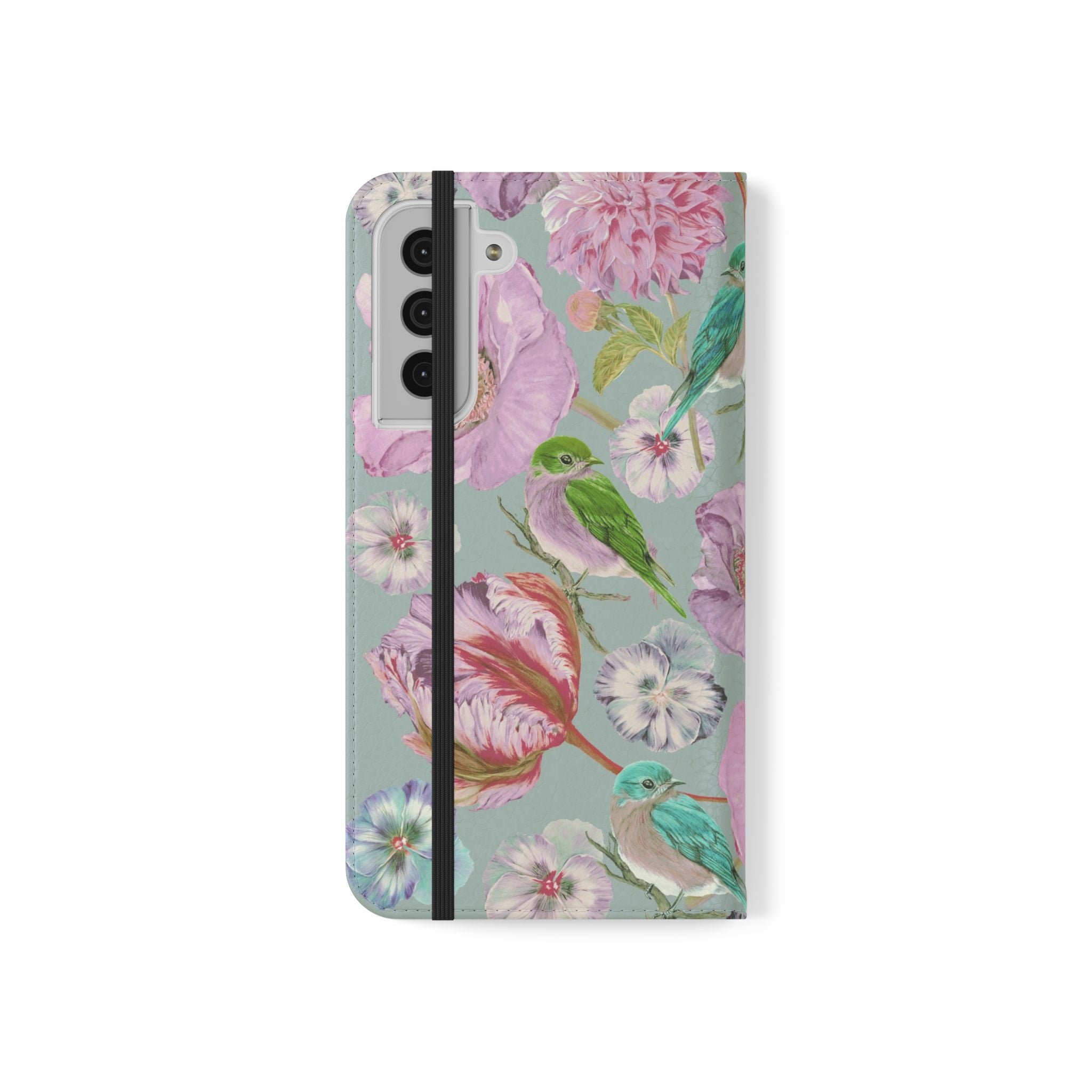 Floral Bird Flip Phone Case — Pastel Garden Wallet Cover with Card Slots