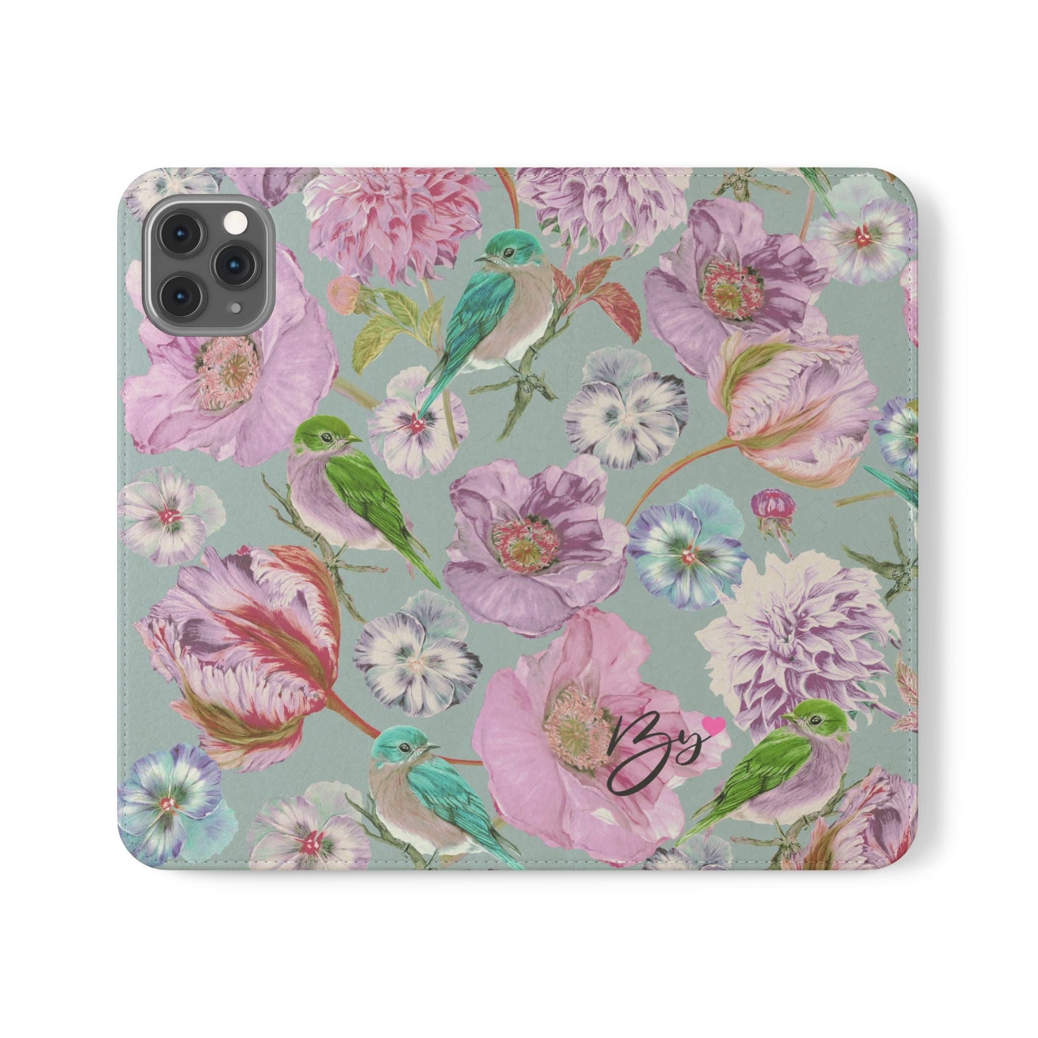 Floral Bird Flip Phone Case — Pastel Garden Wallet Cover with Card Slots