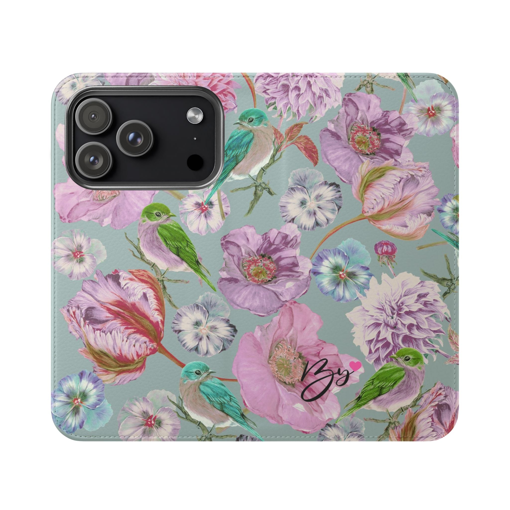 Floral Bird Flip Phone Case — Pastel Garden Wallet Cover with Card Slots