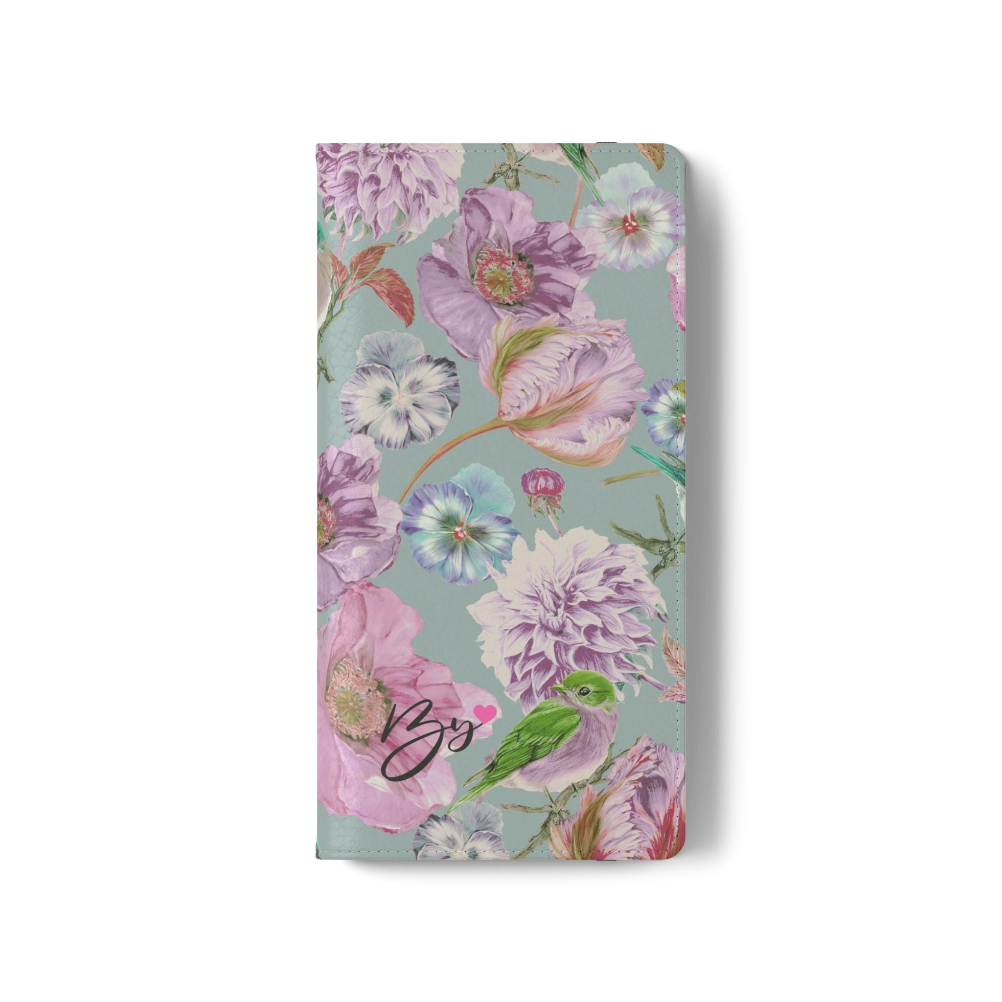 Floral Bird Flip Phone Case — Pastel Garden Wallet Cover with Card Slots