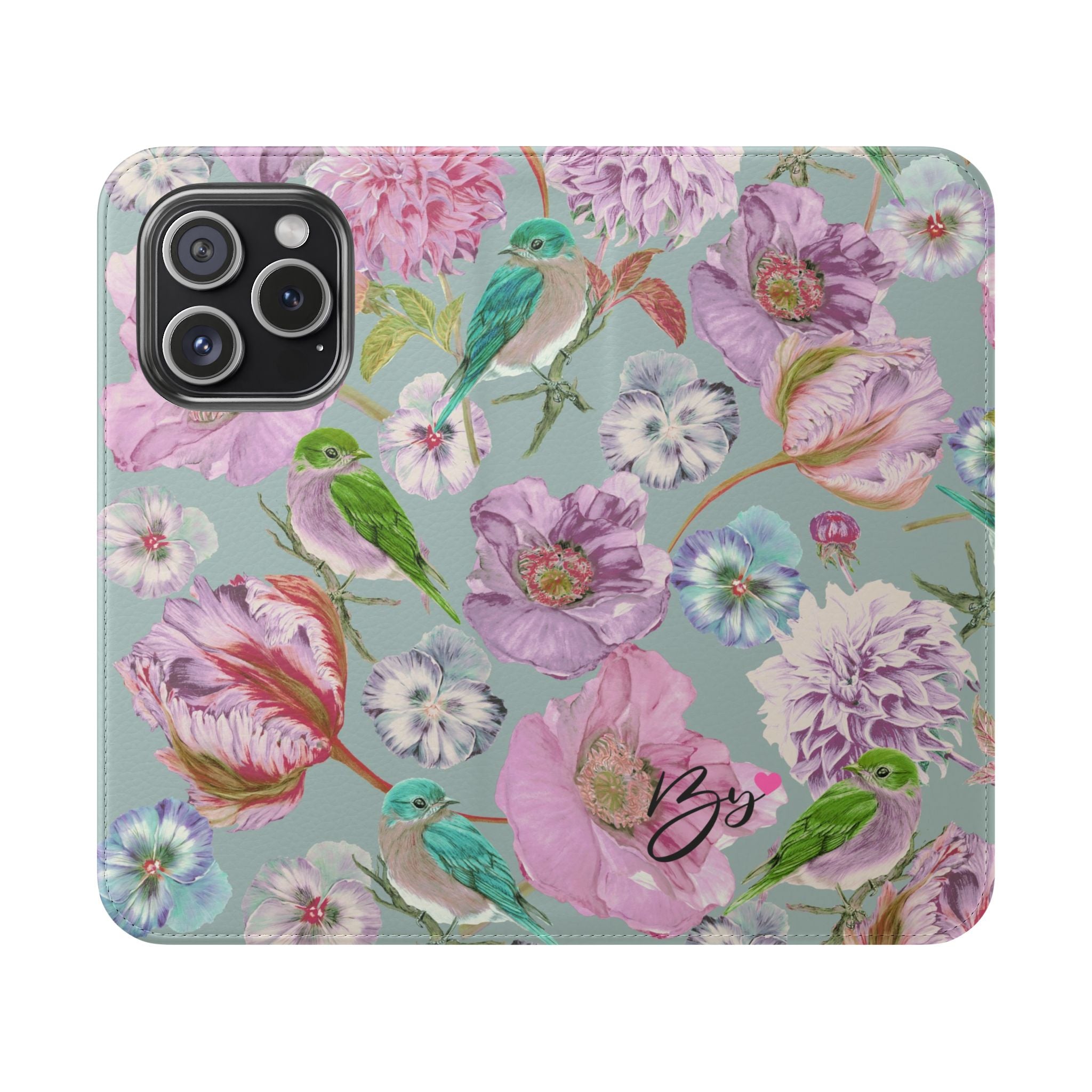 Floral Bird Flip Phone Case — Pastel Garden Wallet Cover with Card Slots