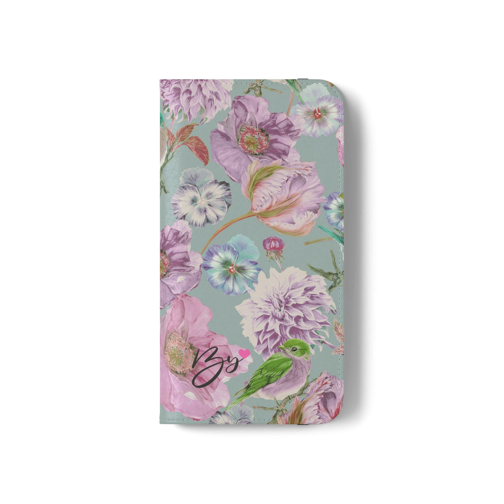 Floral Bird Flip Phone Case — Pastel Garden Wallet Cover with Card Slots