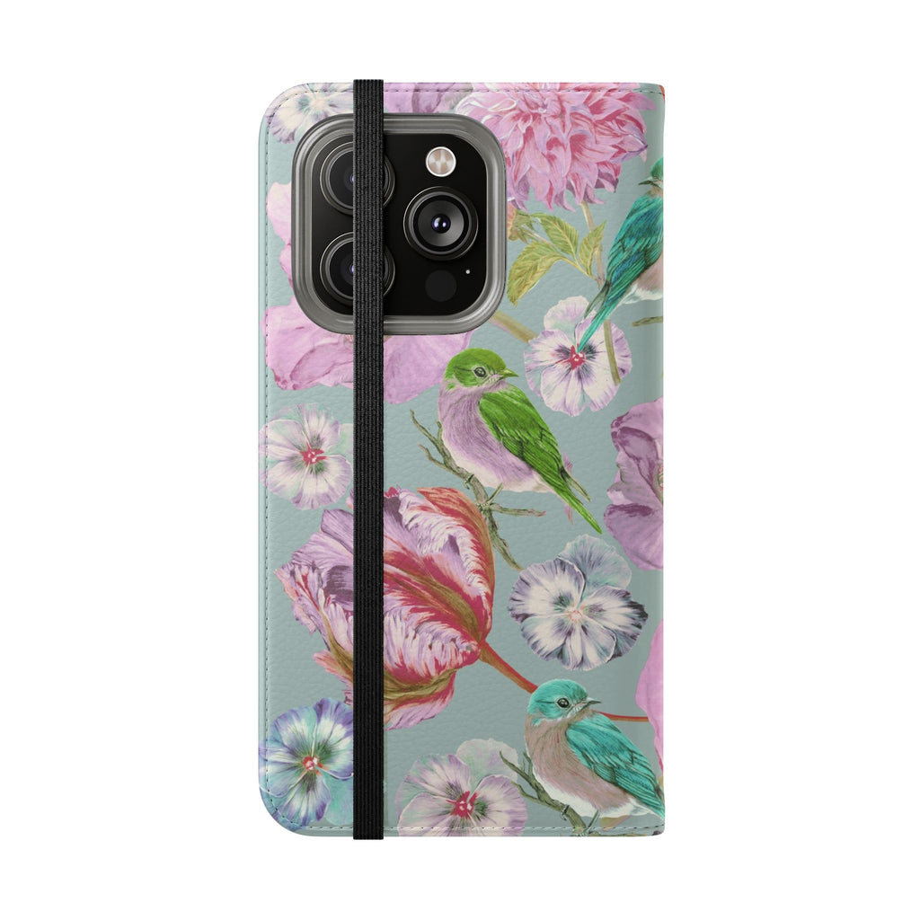Floral Bird Flip Phone Case — Pastel Garden Wallet Cover with Card Slots