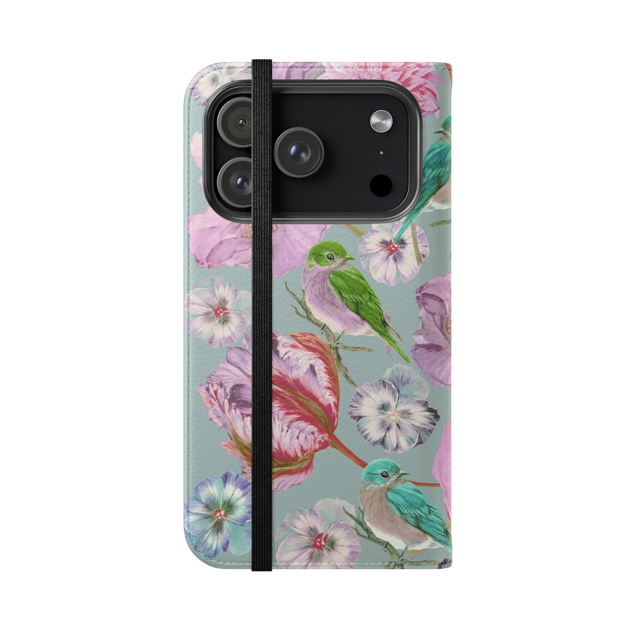 Floral Bird Flip Phone Case — Pastel Garden Wallet Cover with Card Slots