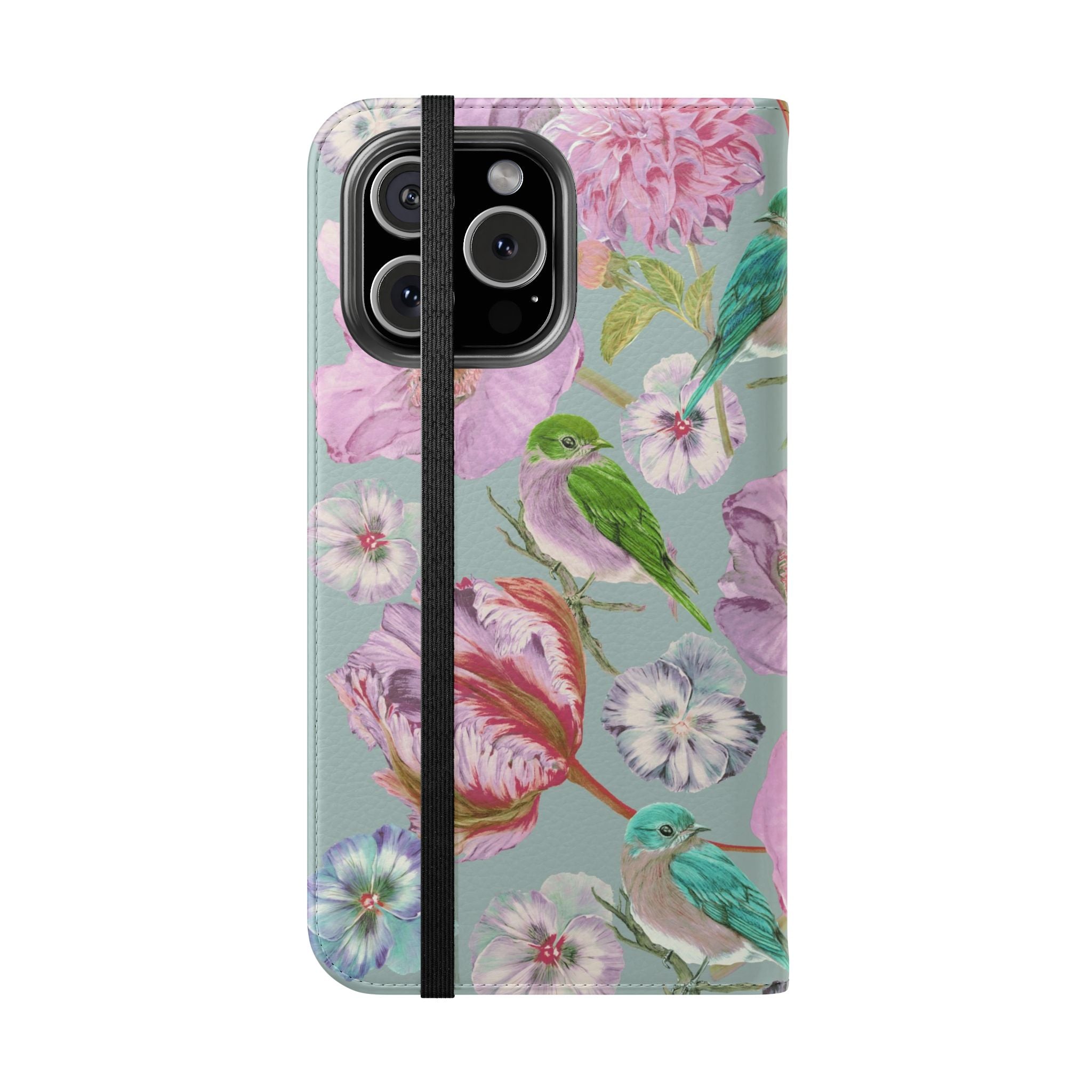 Floral Bird Flip Phone Case — Pastel Garden Wallet Cover with Card Slots