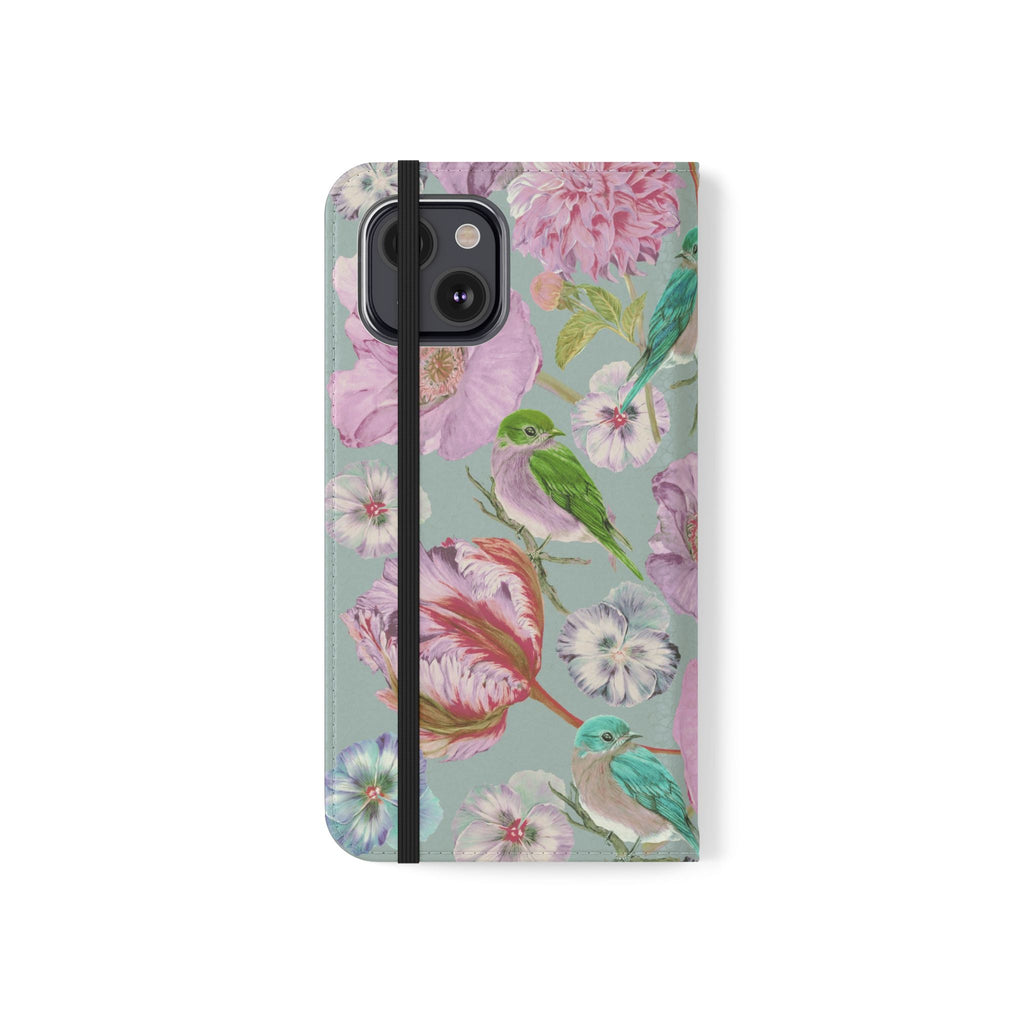Floral Bird Flip Phone Case — Pastel Garden Wallet Cover with Card Slots