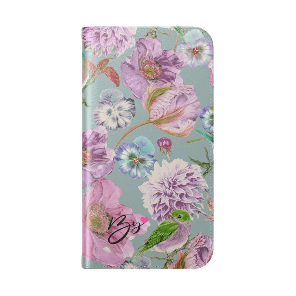 Floral Bird Flip Phone Case — Pastel Garden Wallet Cover with Card Slots