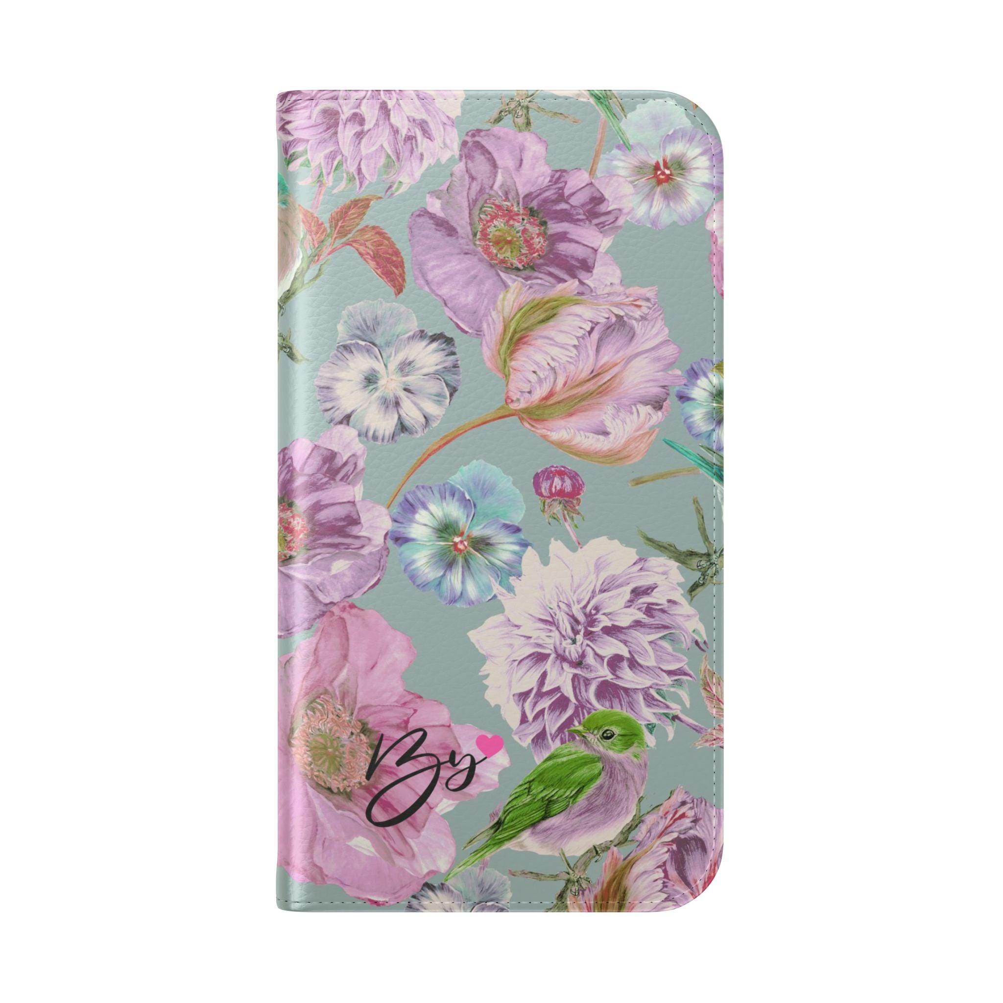 Floral Bird Flip Phone Case — Pastel Garden Wallet Cover with Card Slots