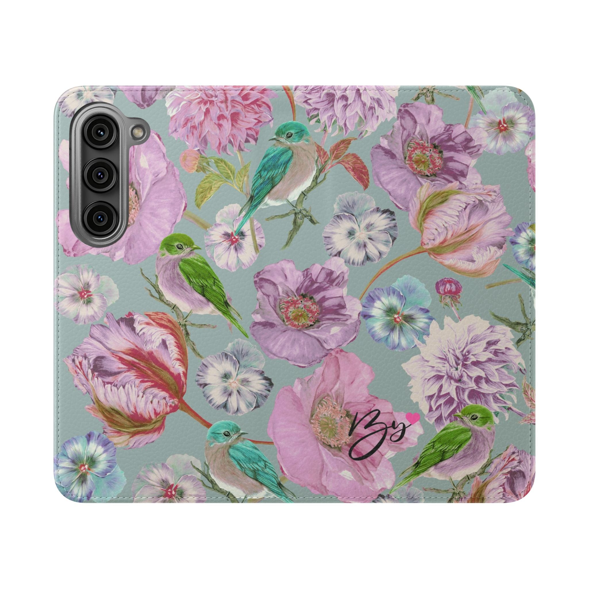 Floral Bird Flip Phone Case — Pastel Garden Wallet Cover with Card Slots