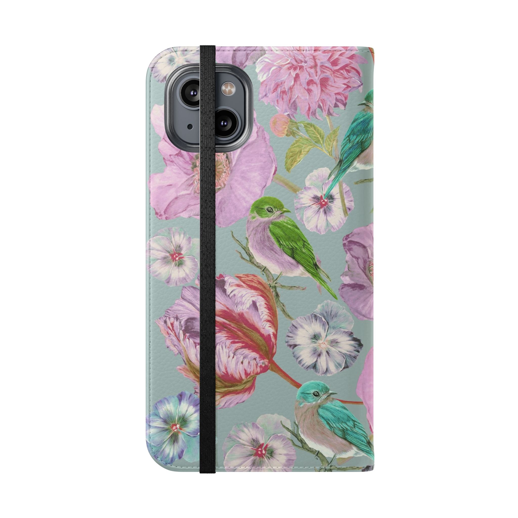 Floral Bird Flip Phone Case — Pastel Garden Wallet Cover with Card Slots