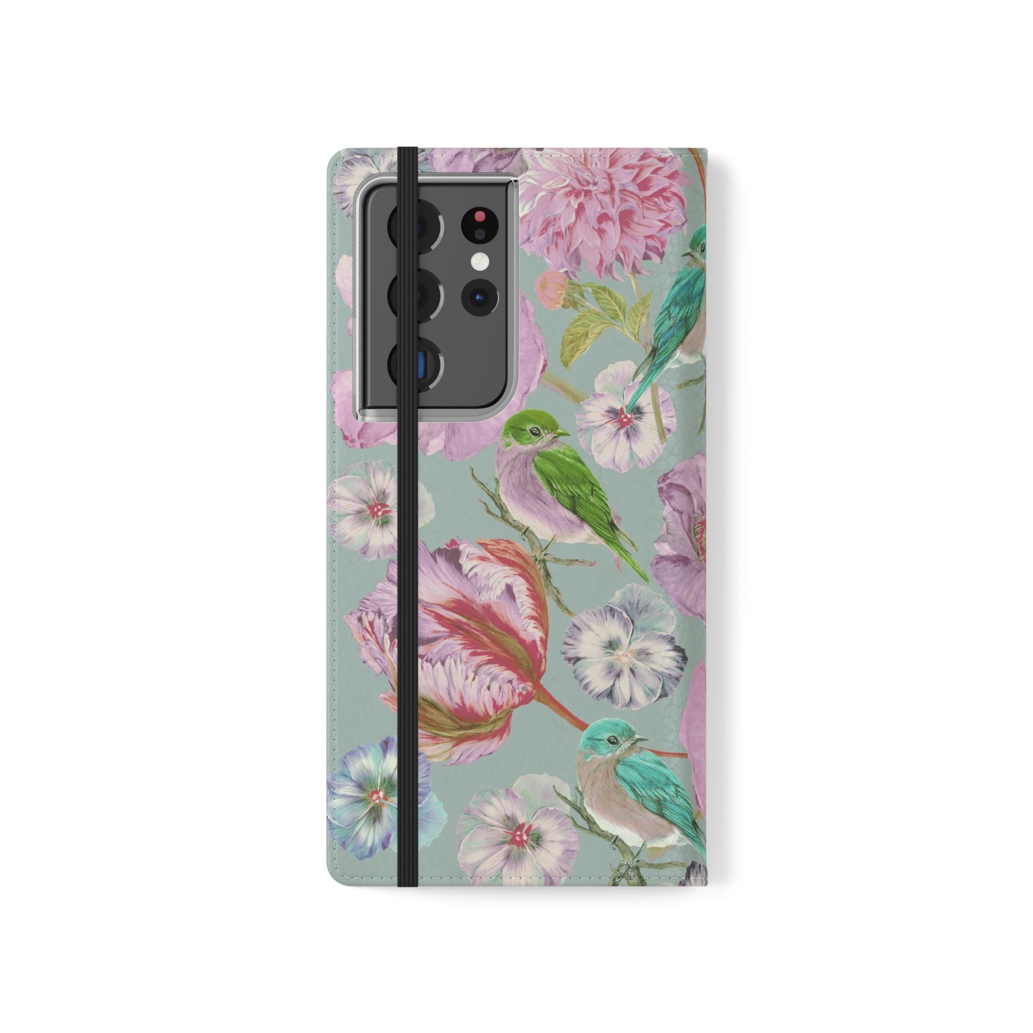 Floral Bird Flip Phone Case — Pastel Garden Wallet Cover with Card Slots