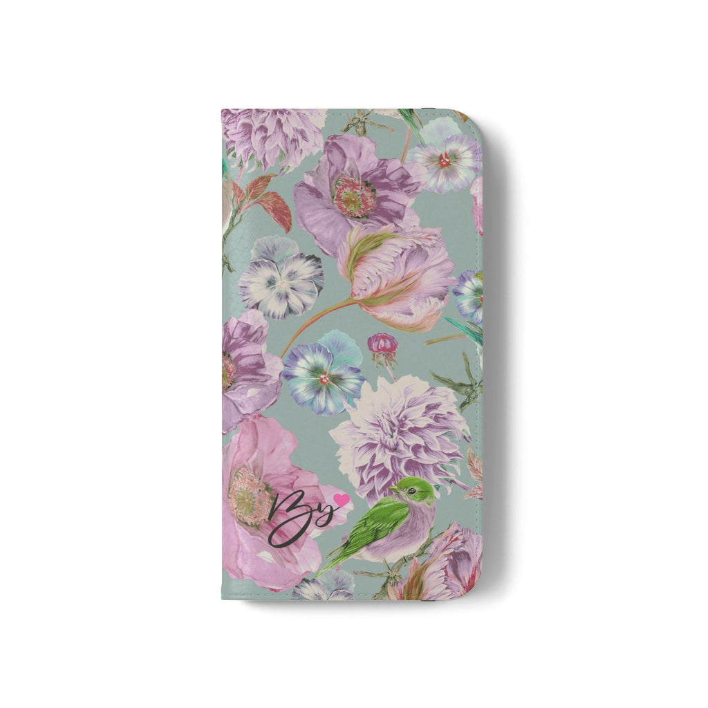 Floral Bird Flip Phone Case — Pastel Garden Wallet Cover with Card Slots
