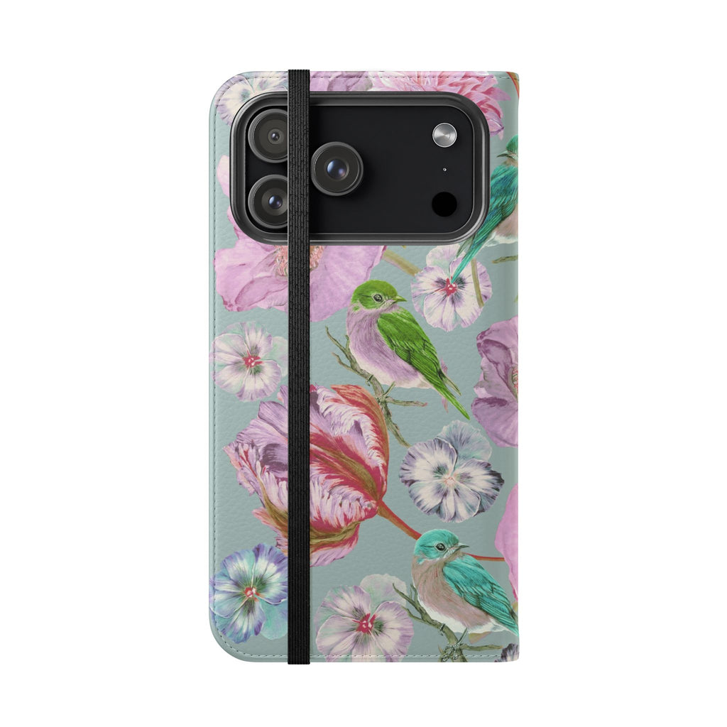 Floral Bird Flip Phone Case — Pastel Garden Wallet Cover with Card Slots
