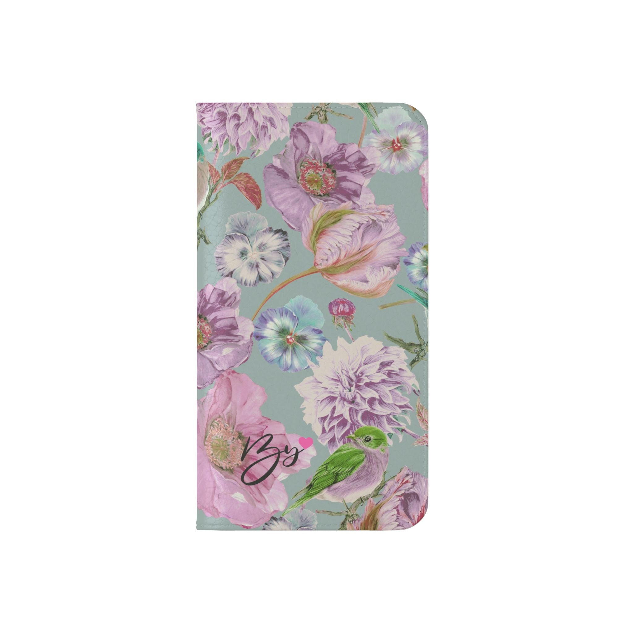 Floral Bird Flip Phone Case — Pastel Garden Wallet Cover with Card Slots