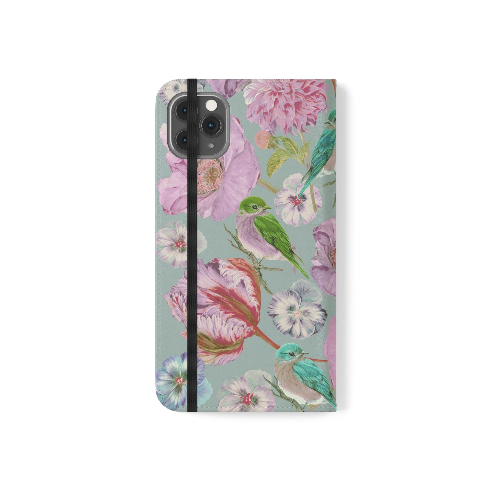 Floral Bird Flip Phone Case — Pastel Garden Wallet Cover with Card Slots