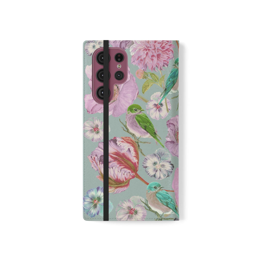Floral Bird Flip Phone Case — Pastel Garden Wallet Cover with Card Slots