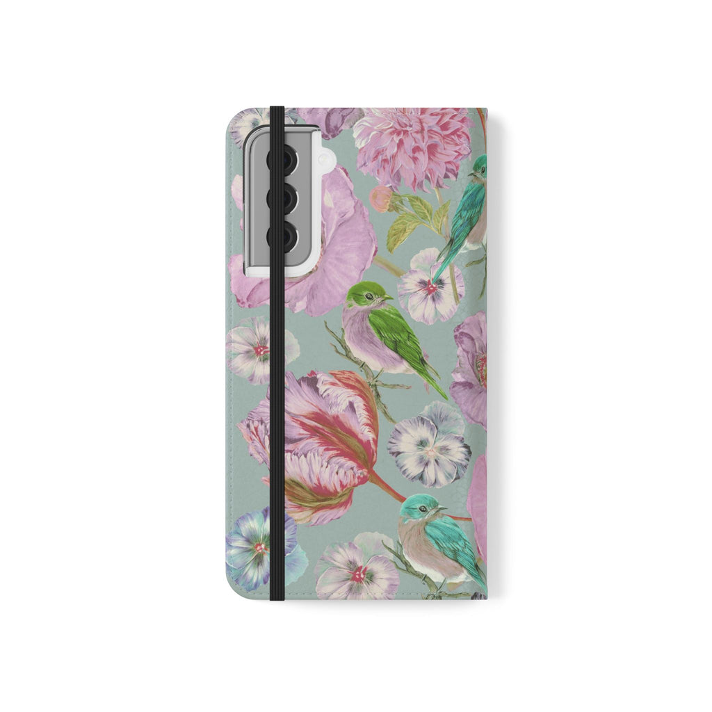 Floral Bird Flip Phone Case — Pastel Garden Wallet Cover with Card Slots