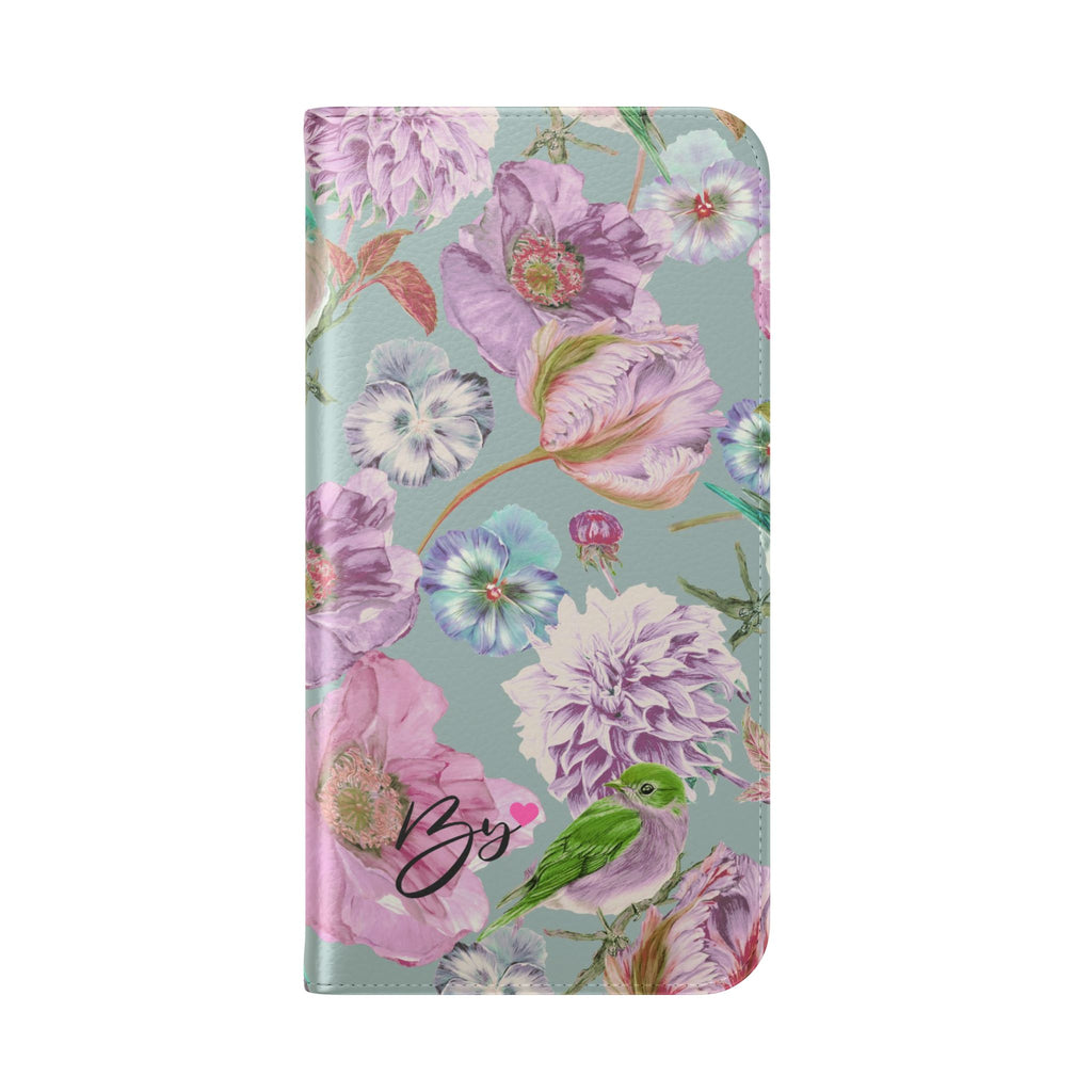 Floral Bird Flip Phone Case — Pastel Garden Wallet Cover with Card Slots
