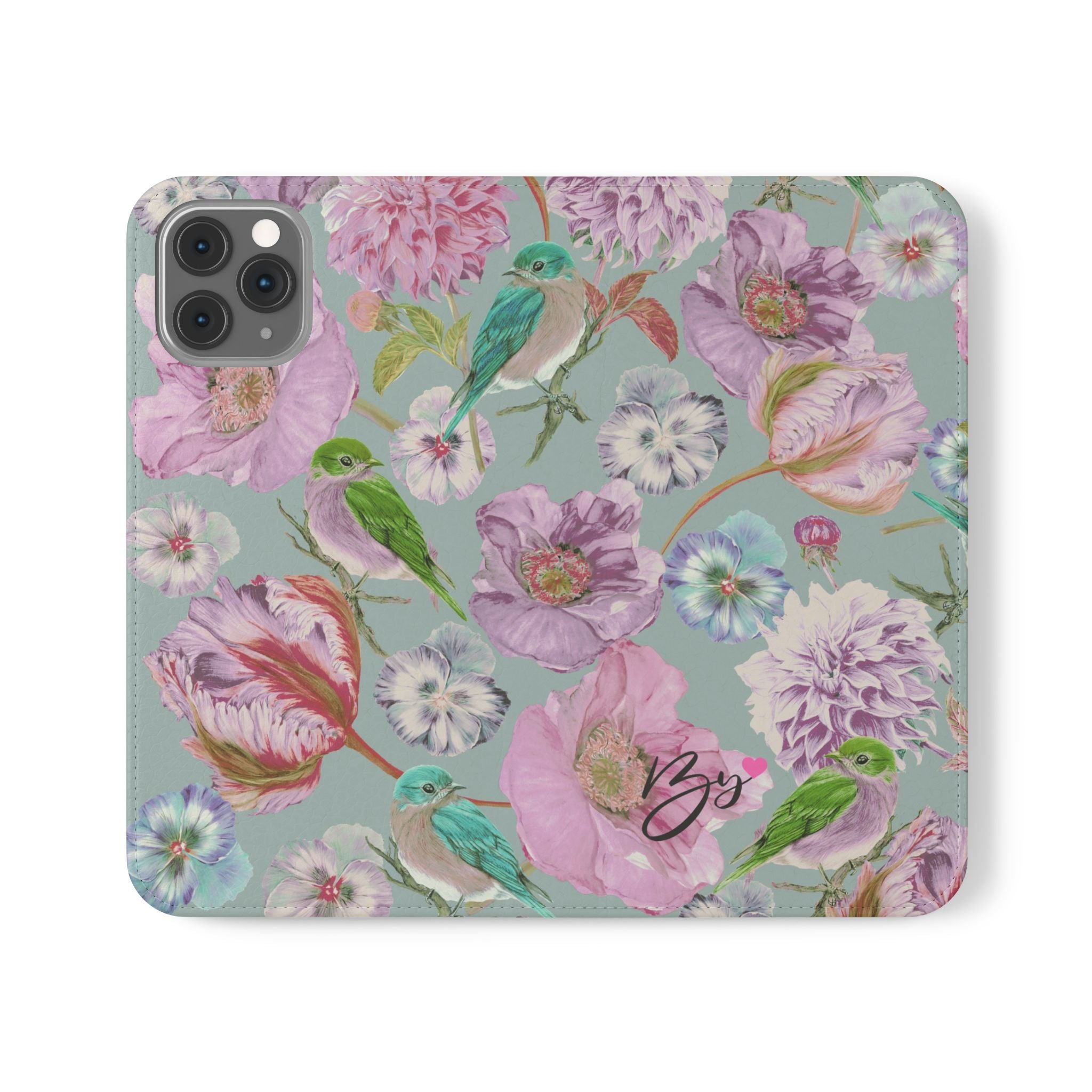 Floral Bird Flip Phone Case — Pastel Garden Wallet Cover with Card Slots
