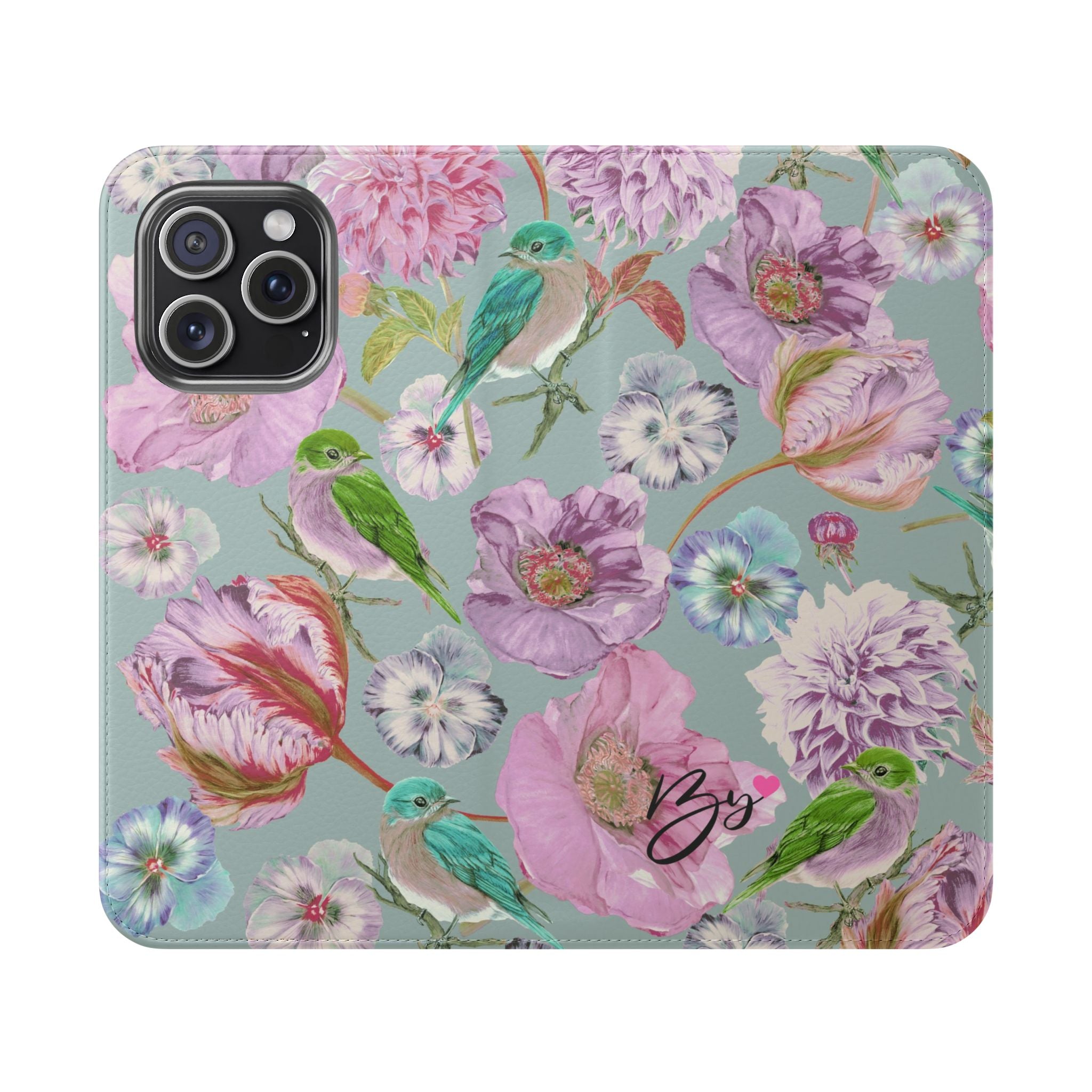 Floral Bird Flip Phone Case — Pastel Garden Wallet Cover with Card Slots