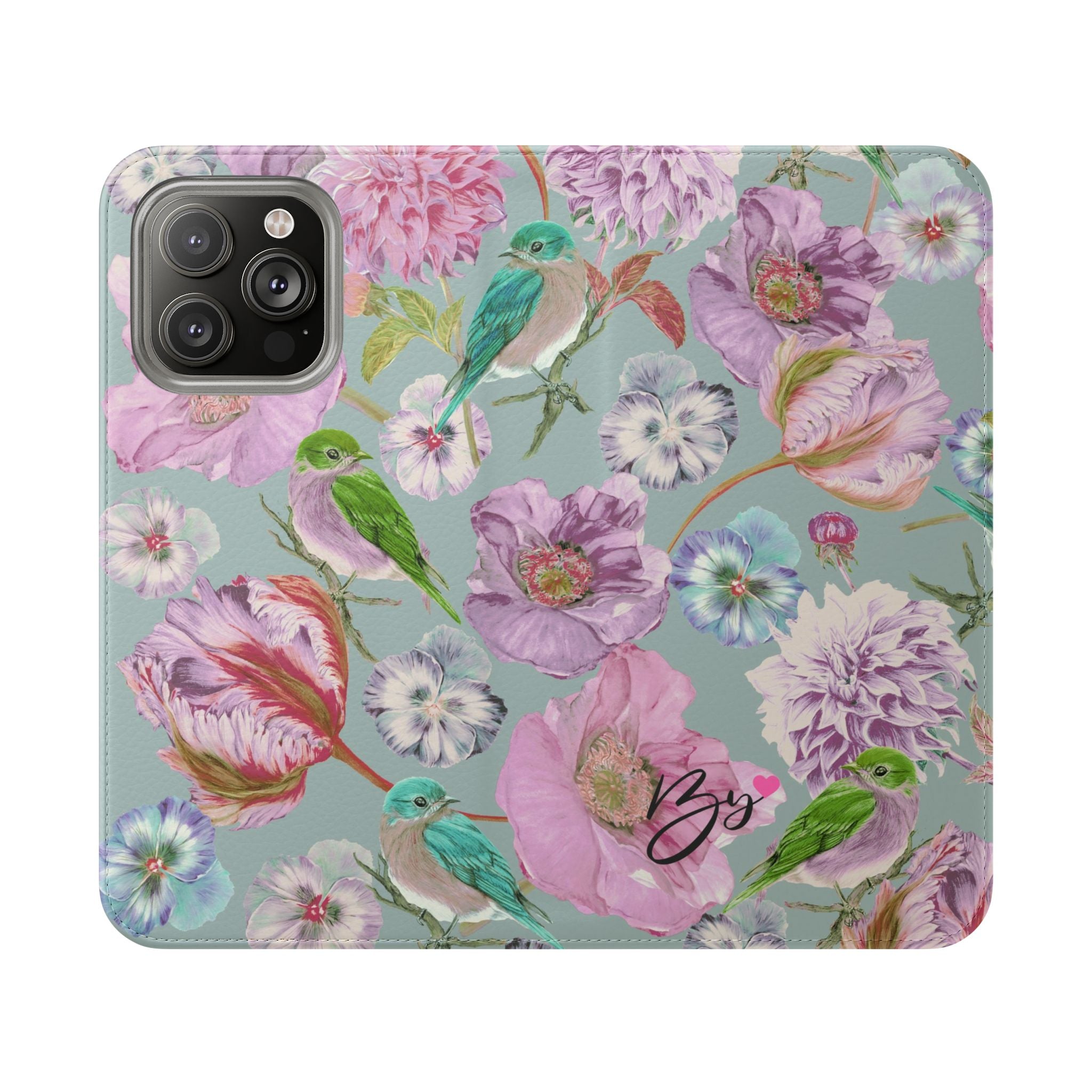 Floral Bird Flip Phone Case — Pastel Garden Wallet Cover with Card Slots