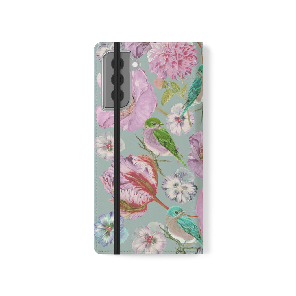 Floral Bird Flip Phone Case — Pastel Garden Wallet Cover with Card Slots