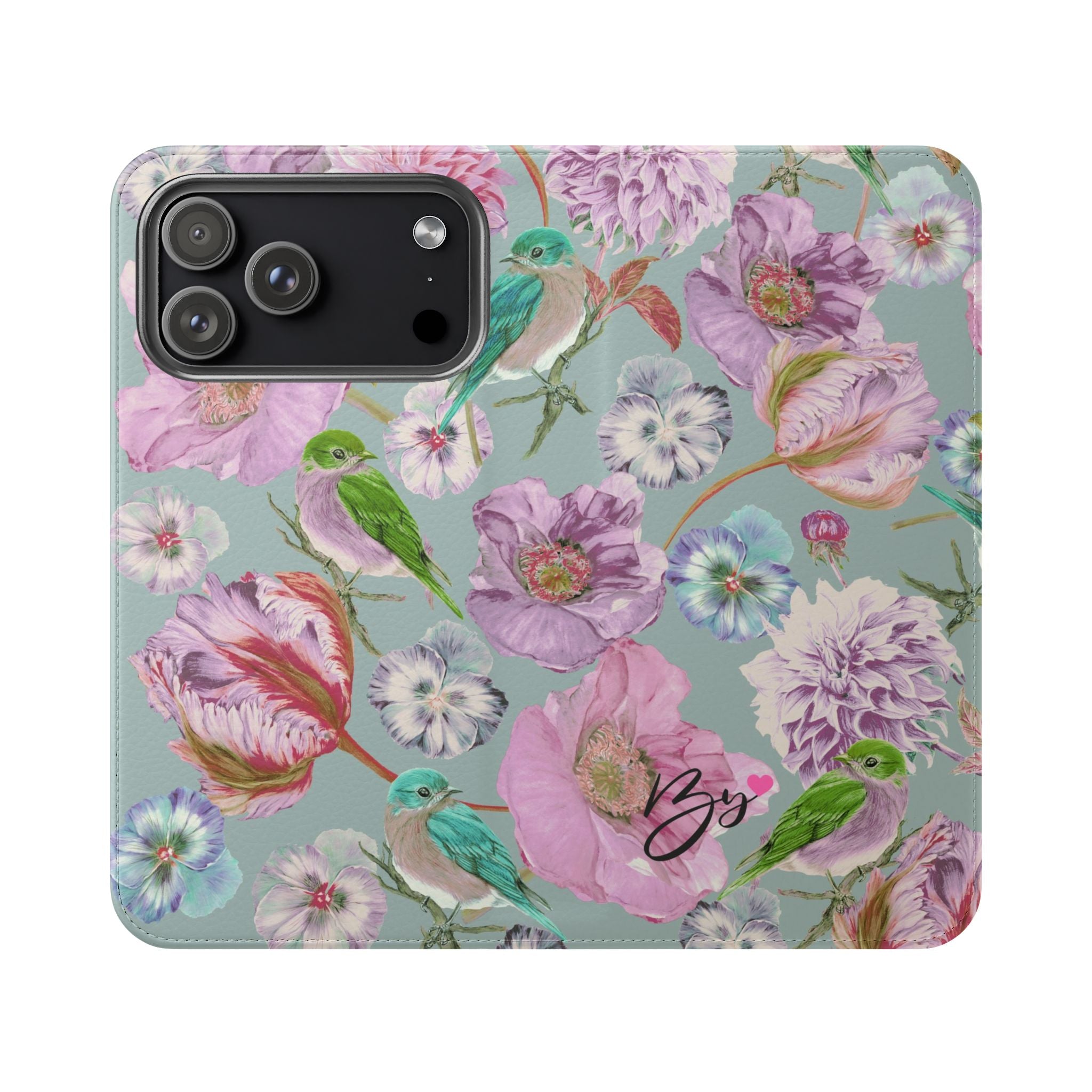 Floral Bird Flip Phone Case — Pastel Garden Wallet Cover with Card Slots