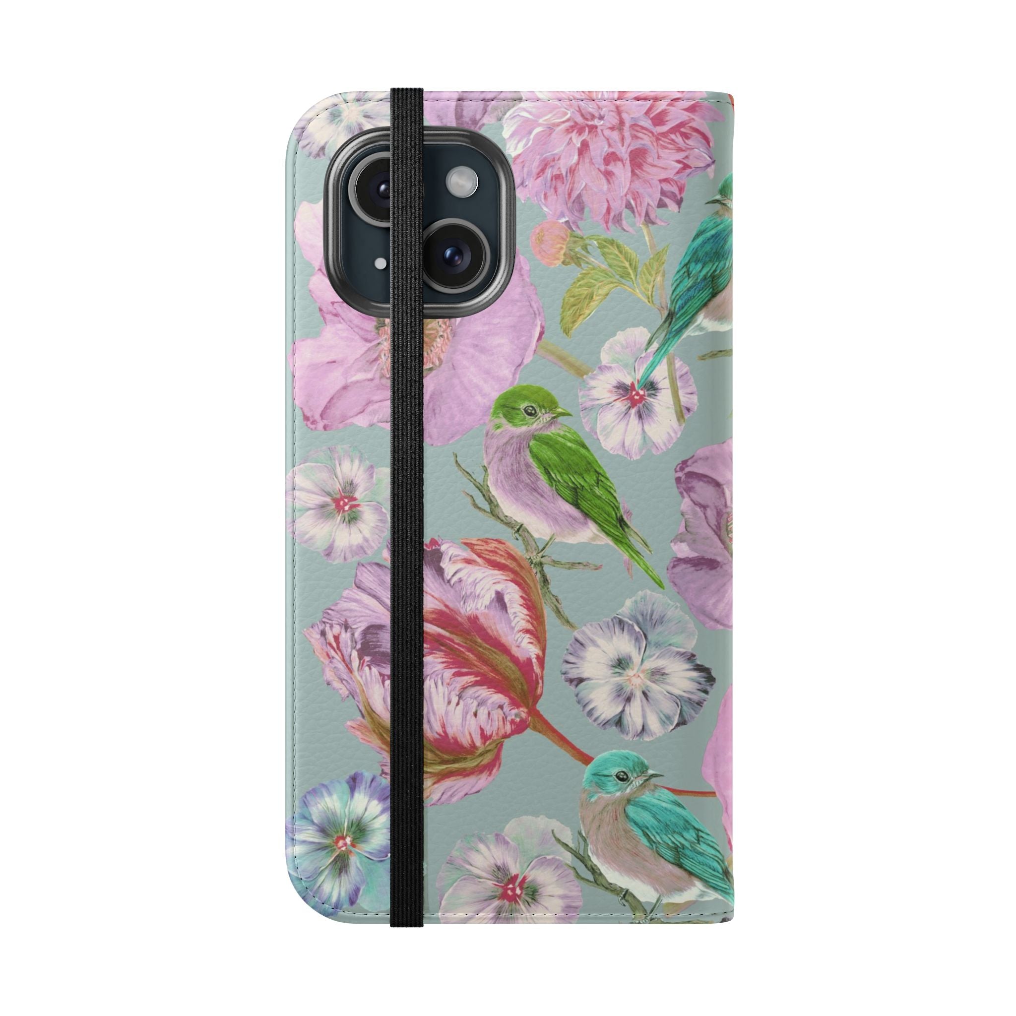 Floral Bird Flip Phone Case — Pastel Garden Wallet Cover with Card Slots