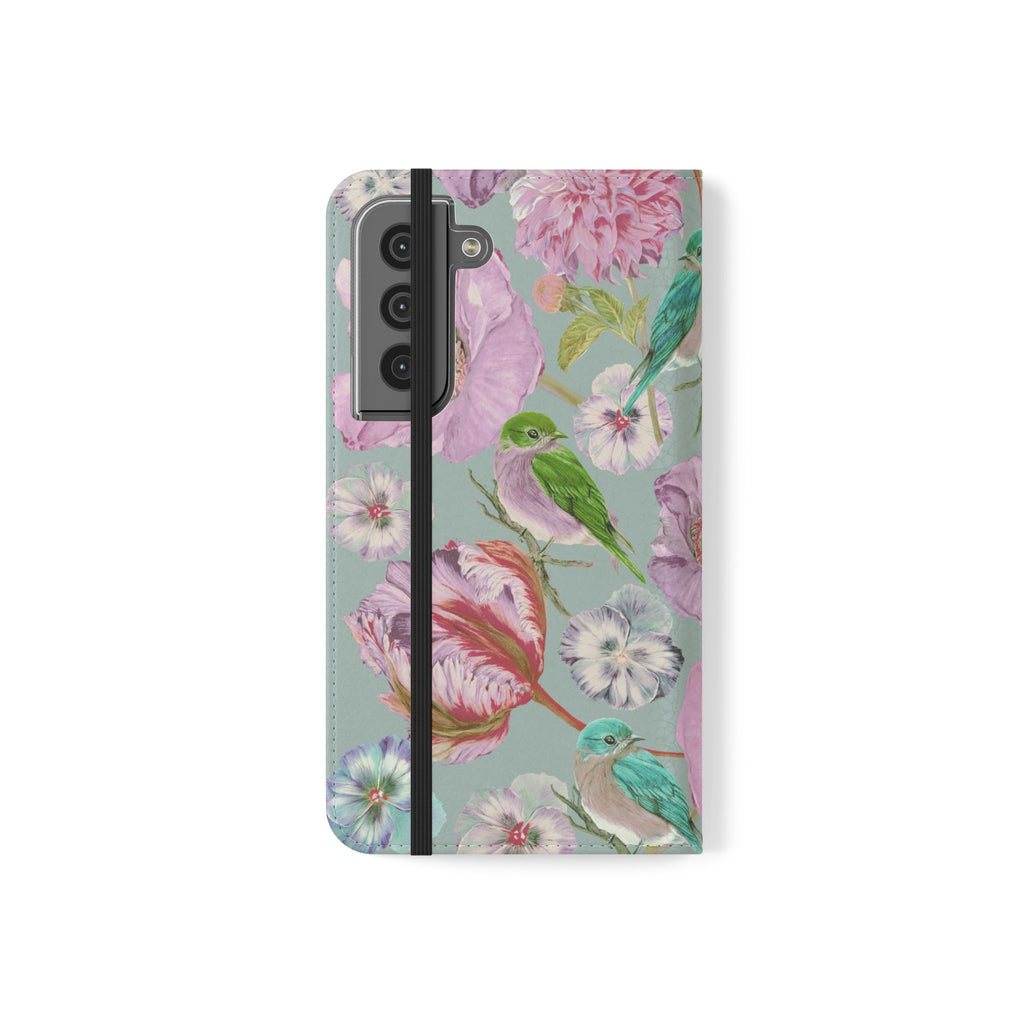 Floral Bird Flip Phone Case — Pastel Garden Wallet Cover with Card Slots