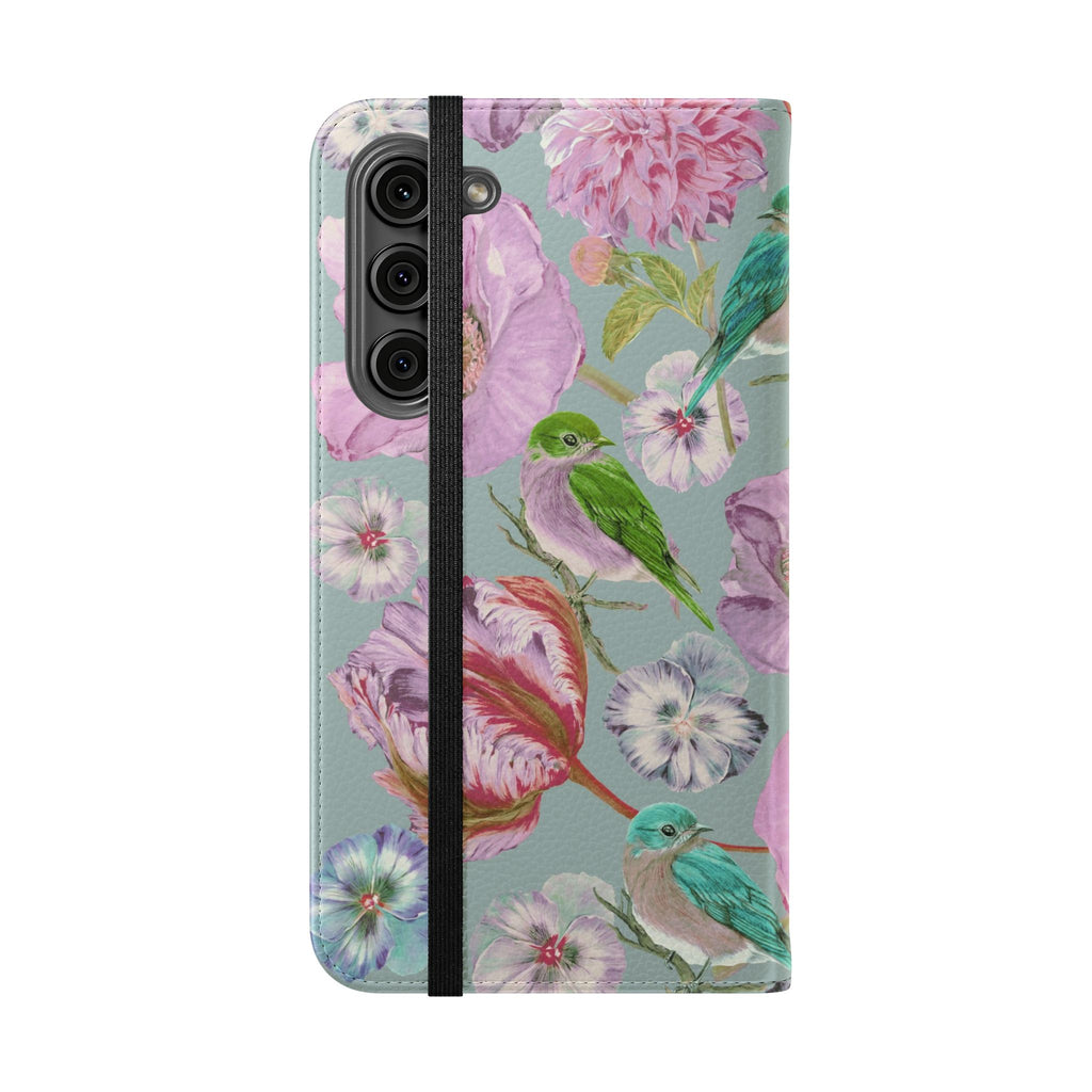 Floral Bird Flip Phone Case — Pastel Garden Wallet Cover with Card Slots