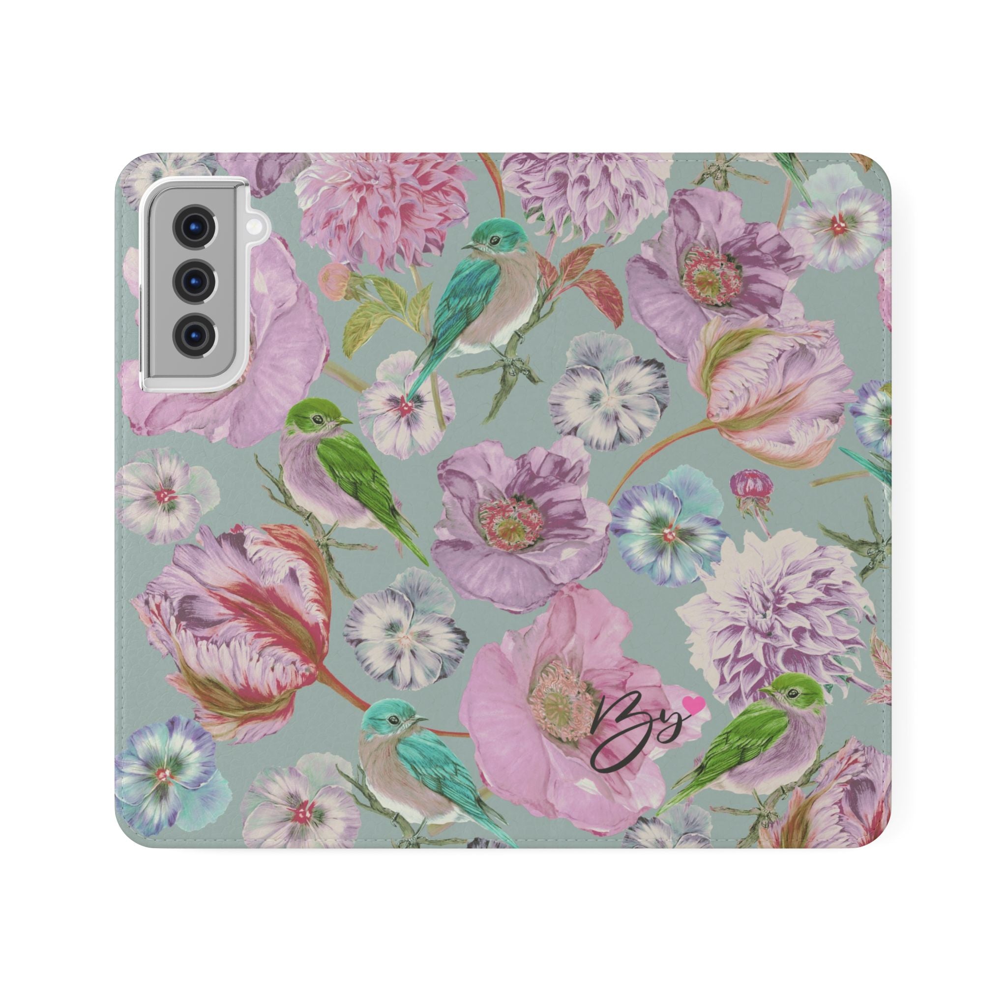 Floral Bird Flip Phone Case — Pastel Garden Wallet Cover with Card Slots