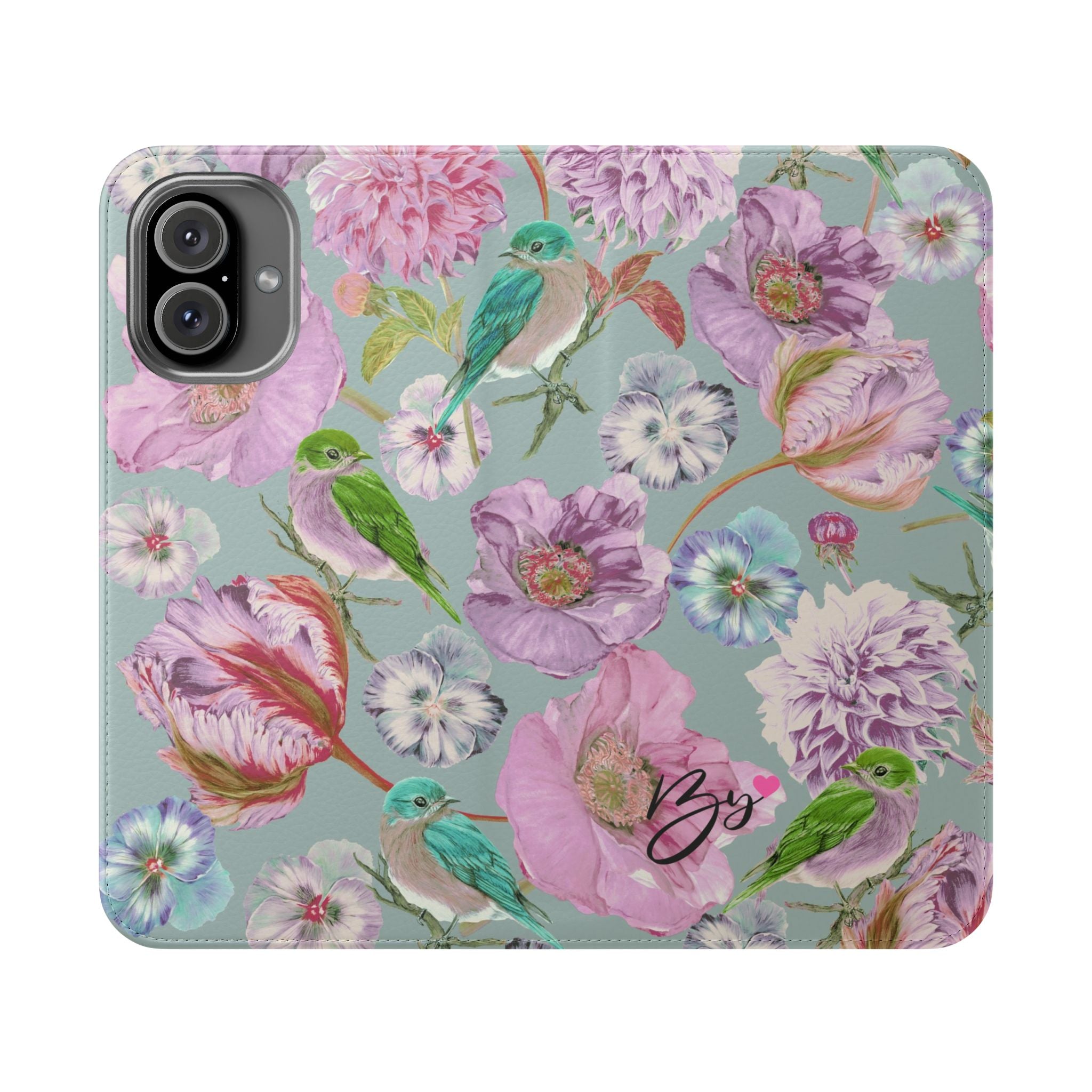 Floral Bird Flip Phone Case — Pastel Garden Wallet Cover with Card Slots
