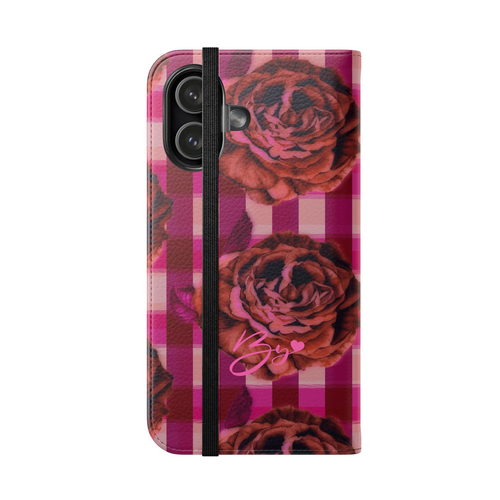 Pink Plaid Rose Flip Phone Case – Floral Wallet Flip Case with Card Slots
