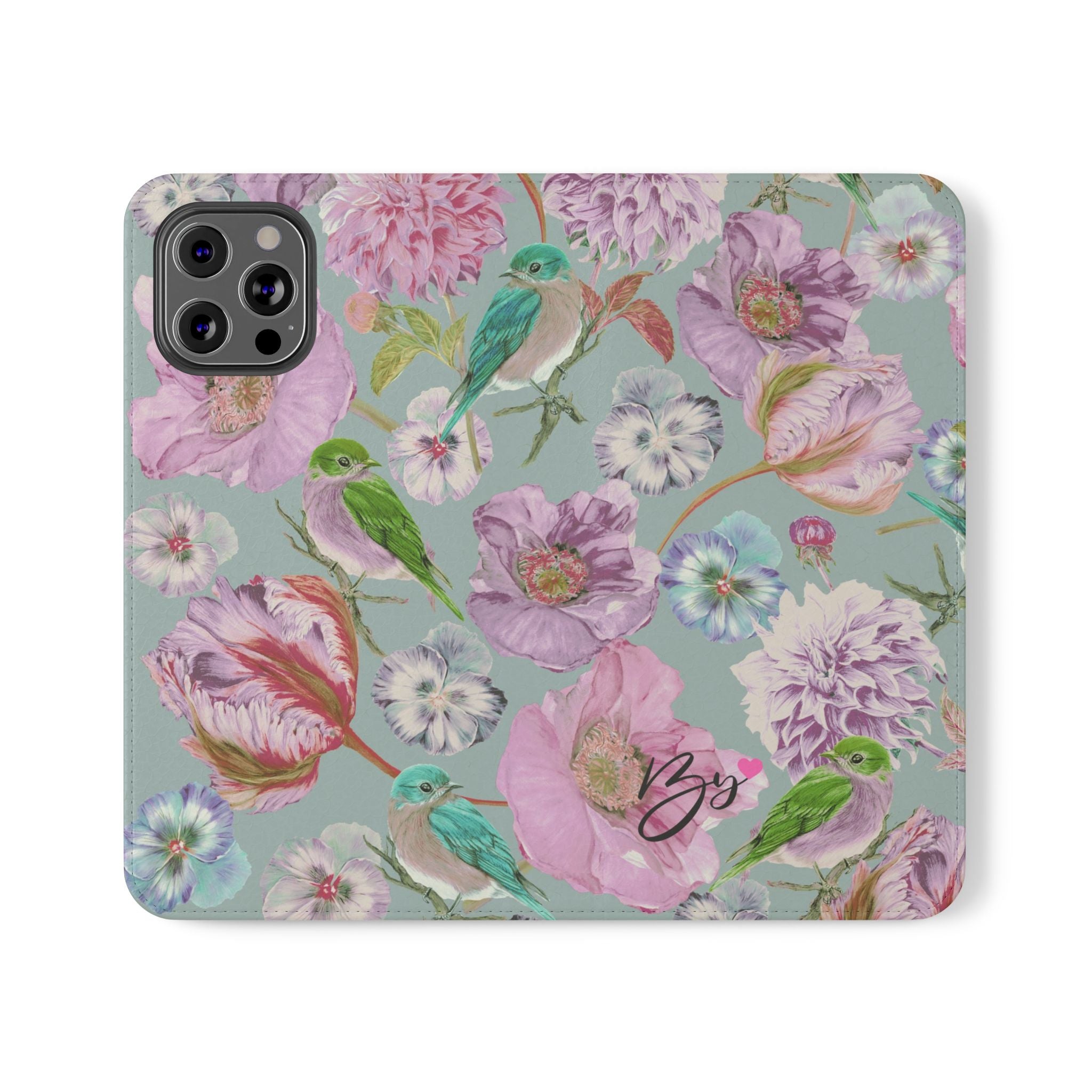 Floral Bird Flip Phone Case — Pastel Garden Wallet Cover with Card Slots