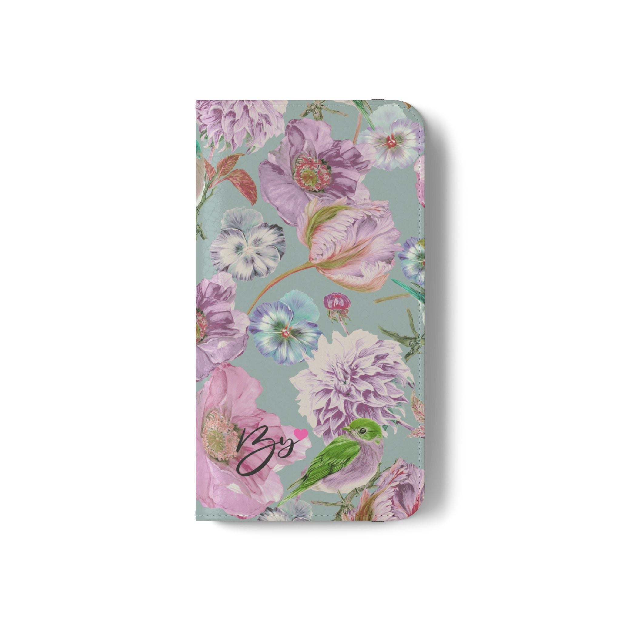 Floral Bird Flip Phone Case — Pastel Garden Wallet Cover with Card Slots