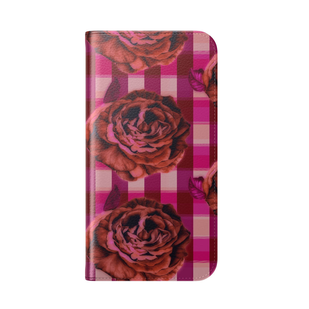Pink Plaid Rose Flip Phone Case – Floral Wallet Flip Case with Card Slots