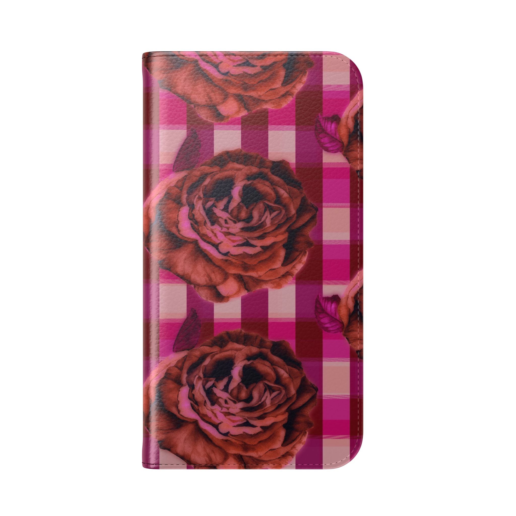 Pink Plaid Rose Flip Phone Case – Floral Wallet Flip Case with Card Slots