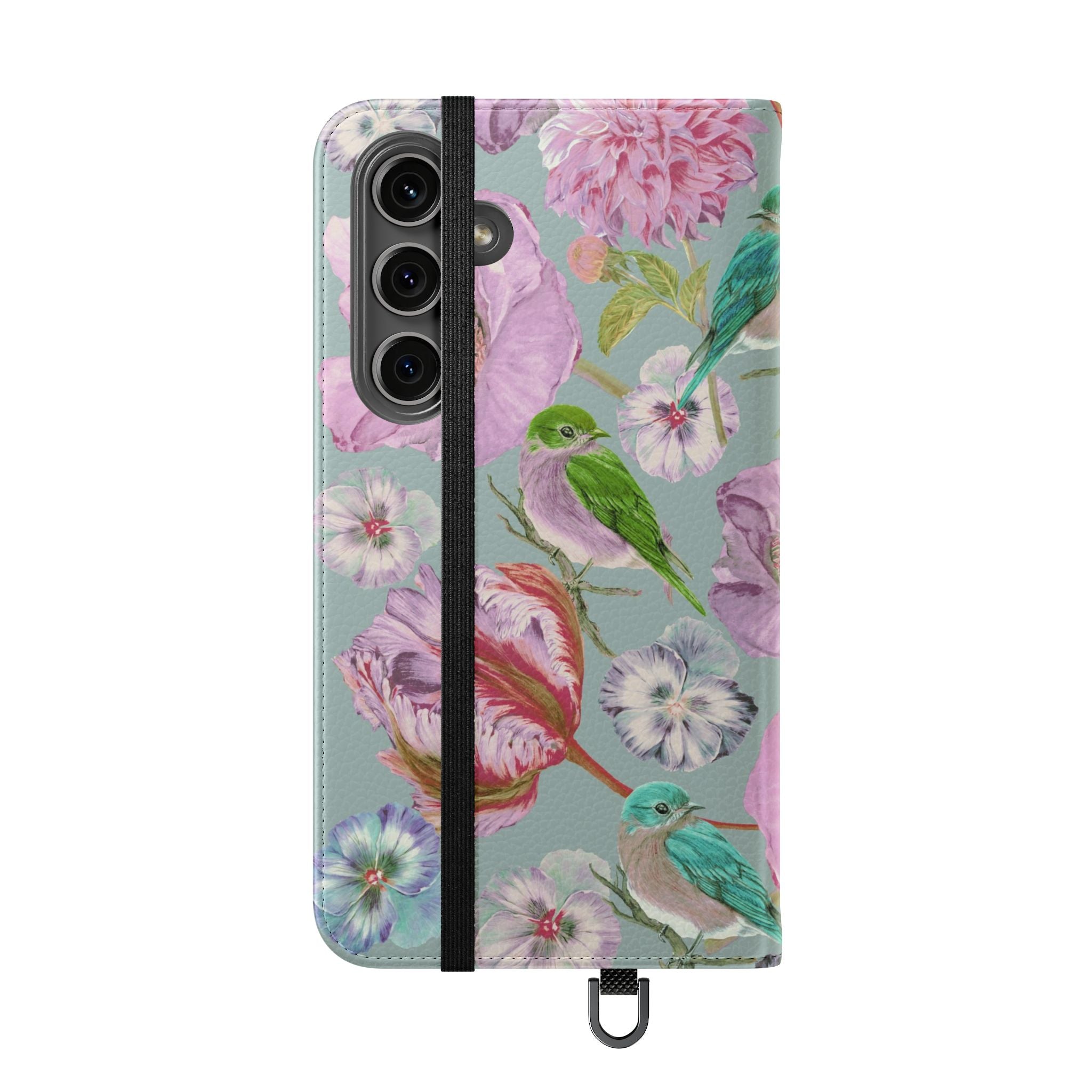 Floral Bird Flip Phone Case — Pastel Garden Wallet Cover with Card Slots