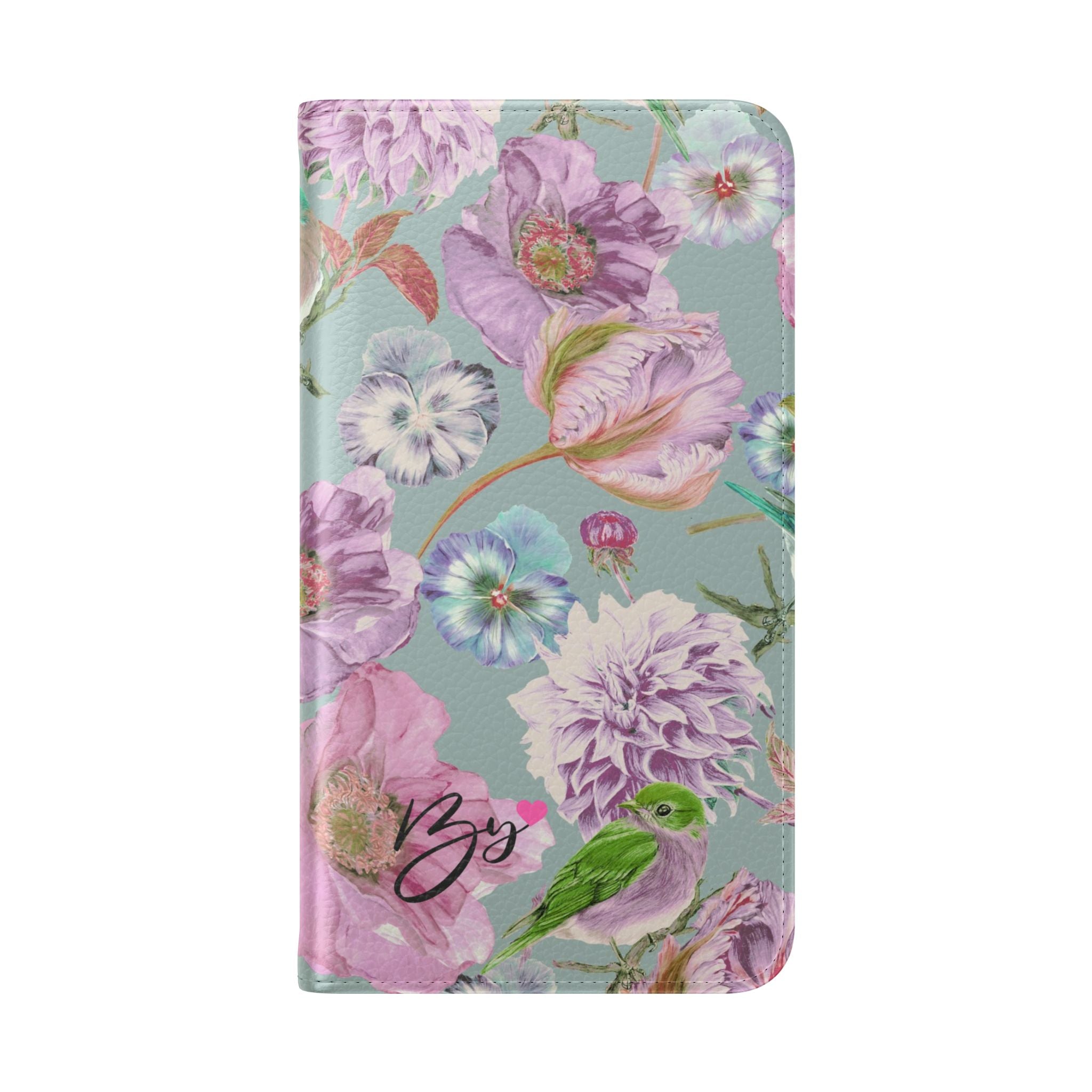 Floral Bird Flip Phone Case — Pastel Garden Wallet Cover with Card Slots