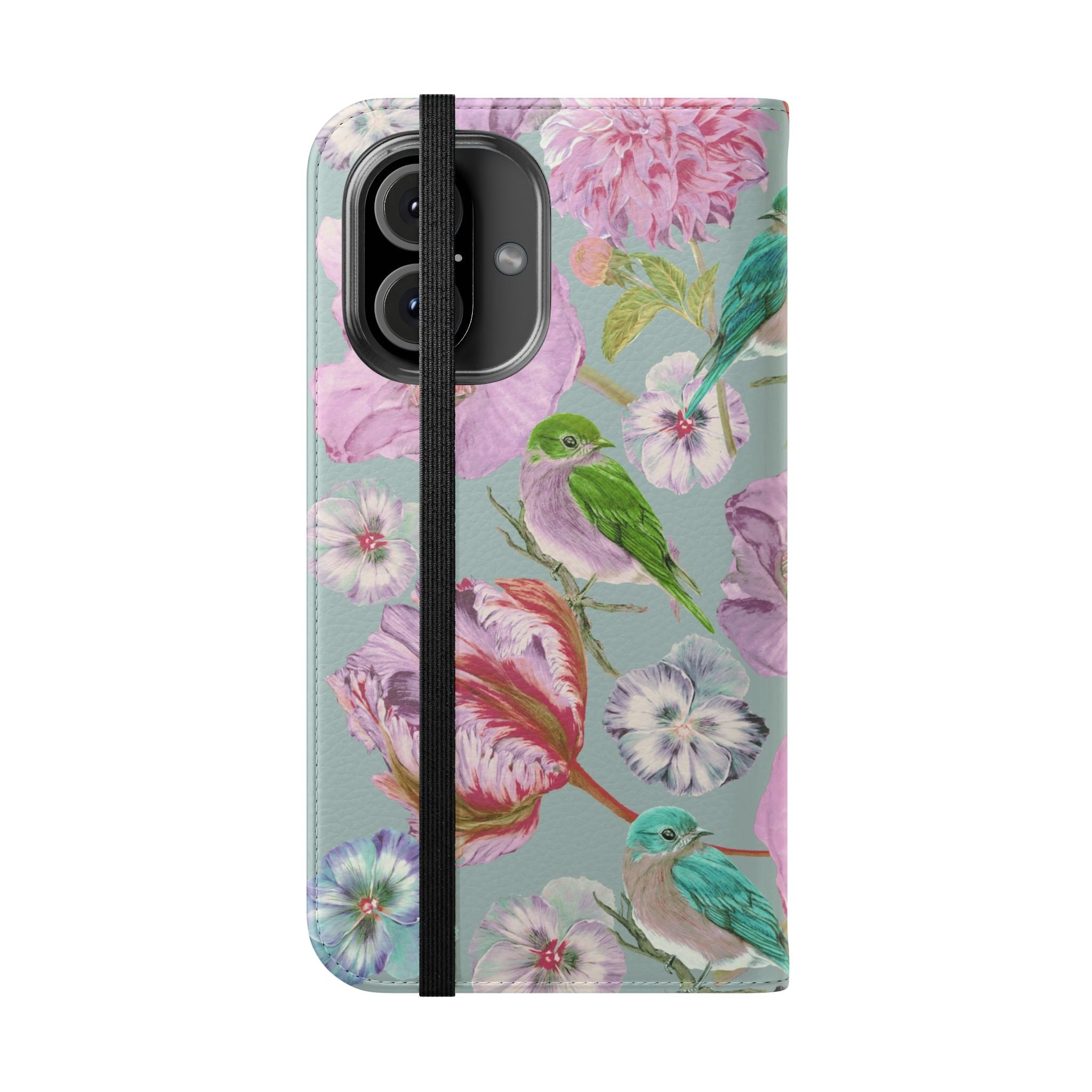 Floral Bird Flip Phone Case — Pastel Garden Wallet Cover with Card Slots