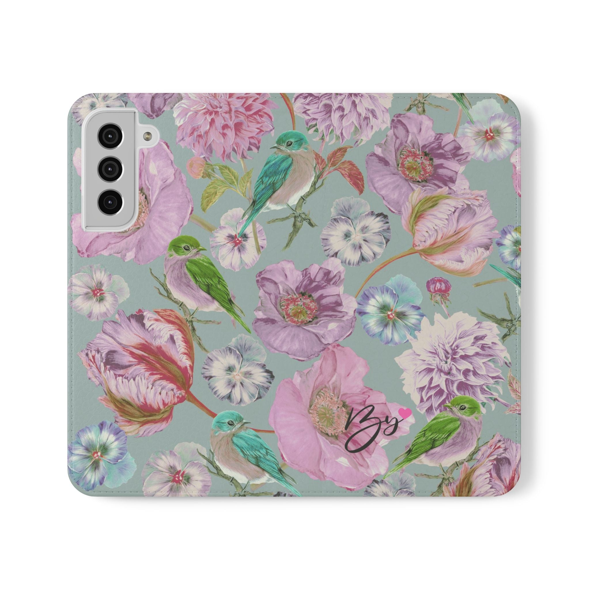Floral Bird Flip Phone Case — Pastel Garden Wallet Cover with Card Slots