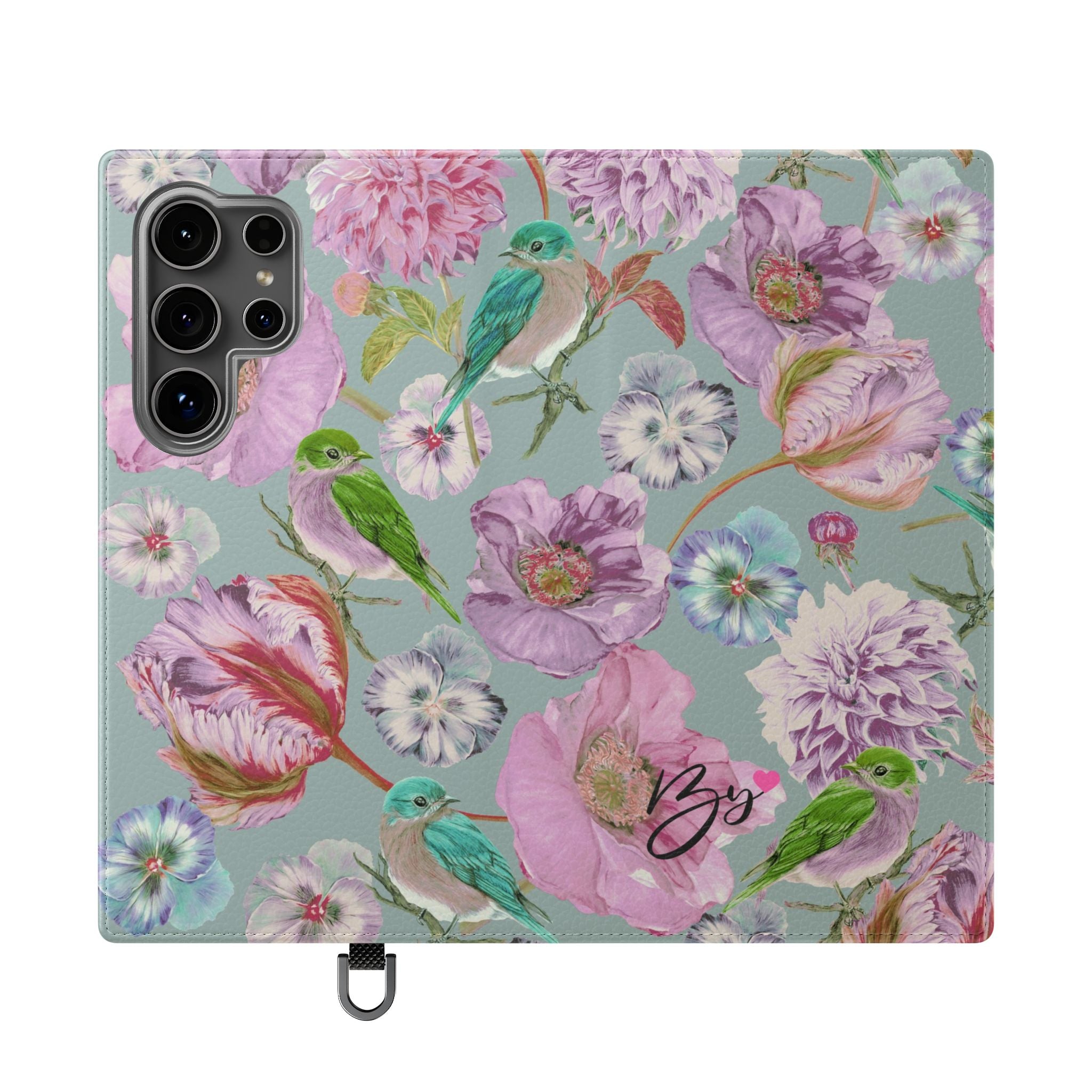 Floral Bird Flip Phone Case — Pastel Garden Wallet Cover with Card Slots