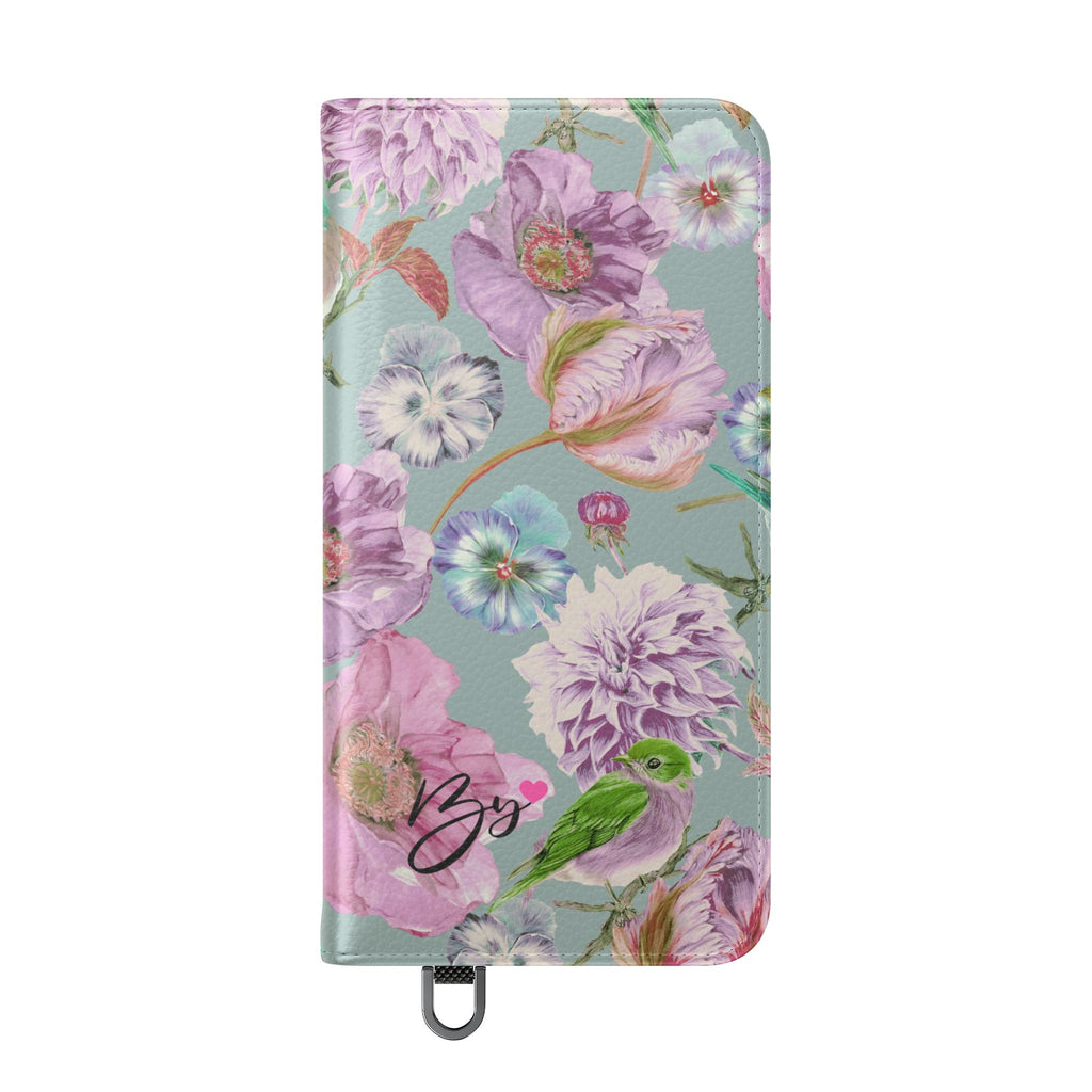 Floral Bird Flip Phone Case — Pastel Garden Wallet Cover with Card Slots