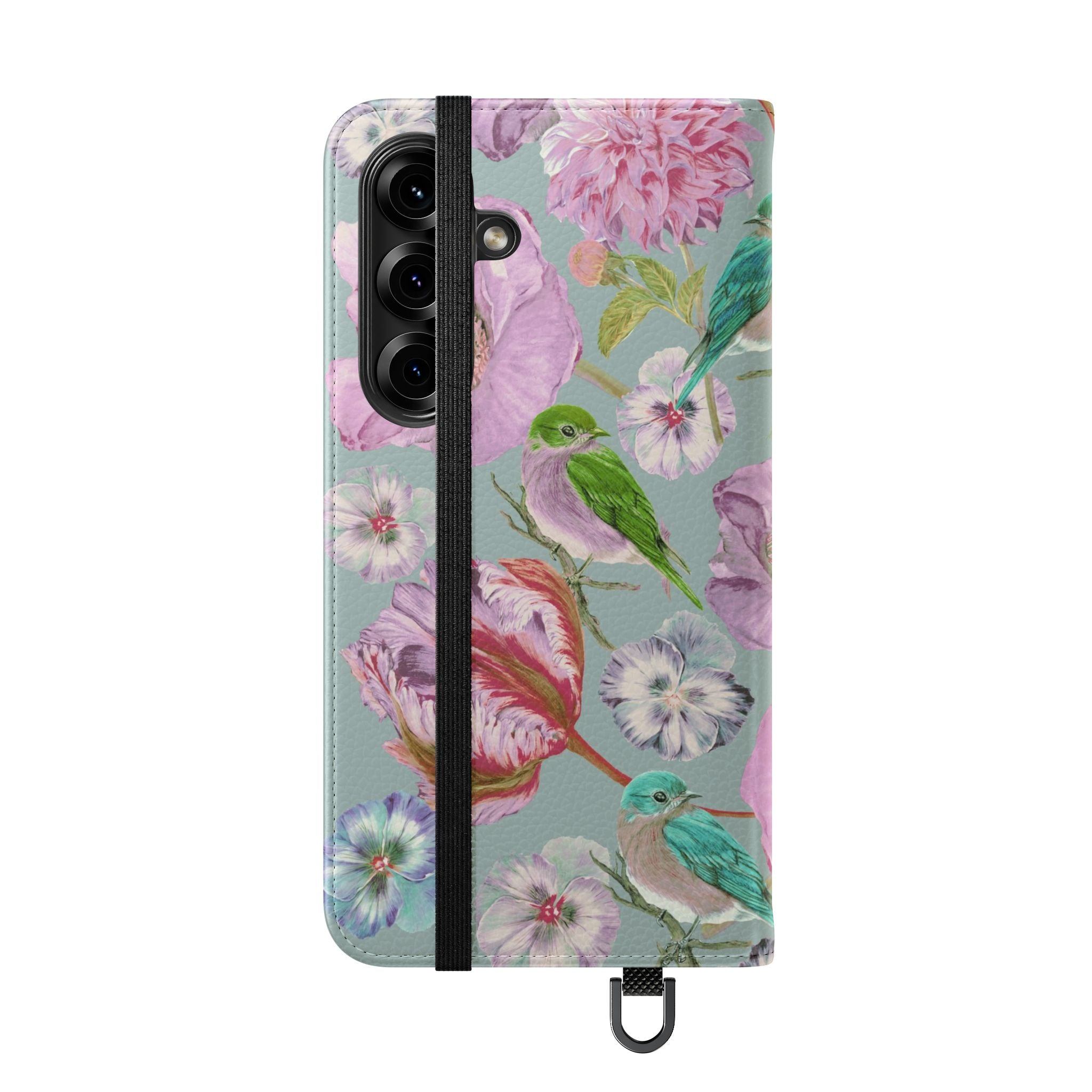 Floral Bird Flip Phone Case — Pastel Garden Wallet Cover with Card Slots
