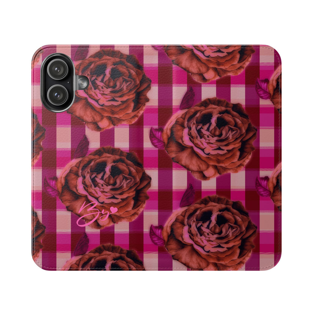Pink Plaid Rose Flip Phone Case – Floral Wallet Flip Case with Card Slots