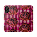 Pink Plaid Rose Flip Phone Case – Floral Wallet Flip Case with Card Slots