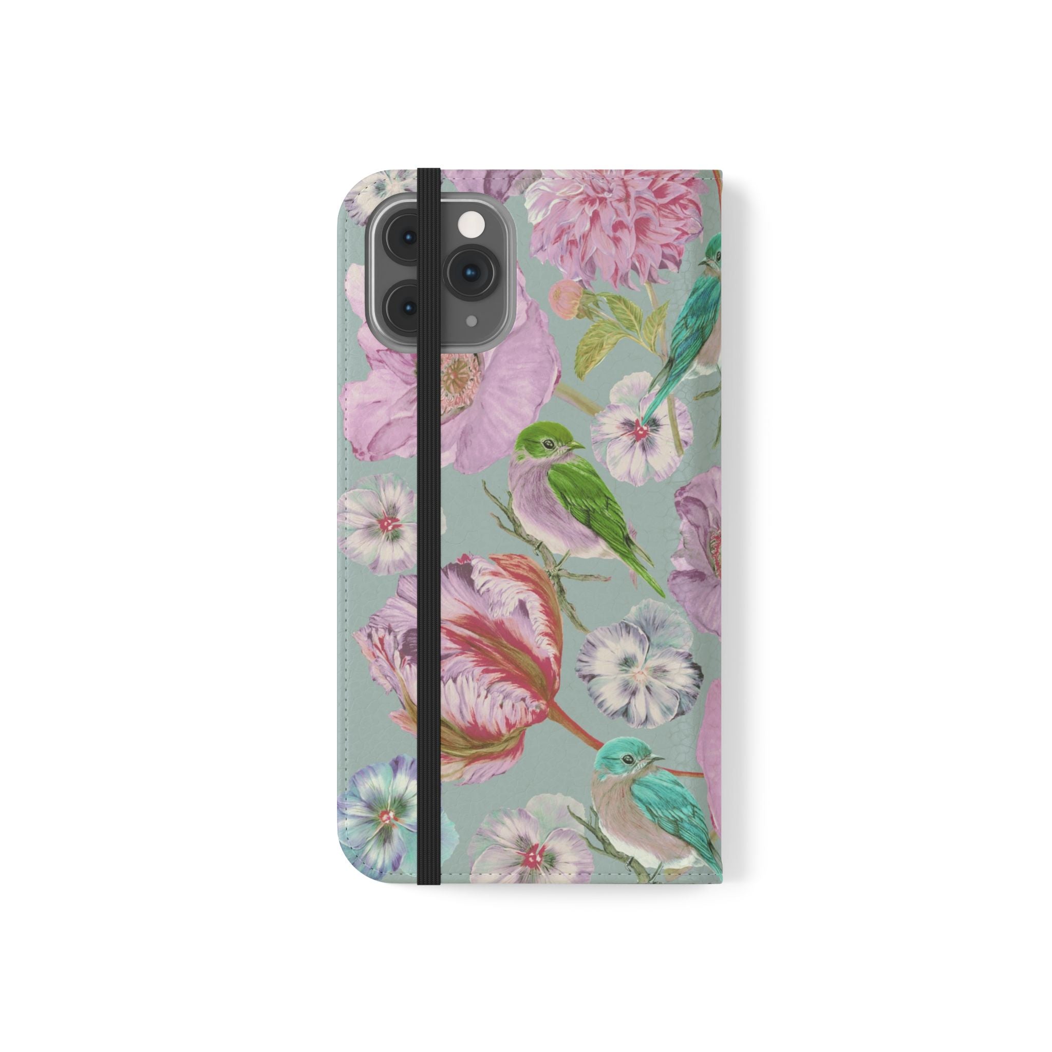 Floral Bird Flip Phone Case — Pastel Garden Wallet Cover with Card Slots